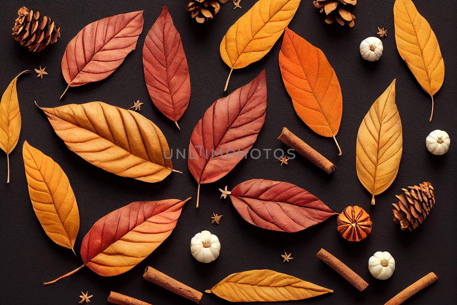 Autumn composition Wreath made of autumn leaves, cinnamon sticks, anise stars, physalis flowers, pine cones on black background Flat lay, top view, copy space , anime style