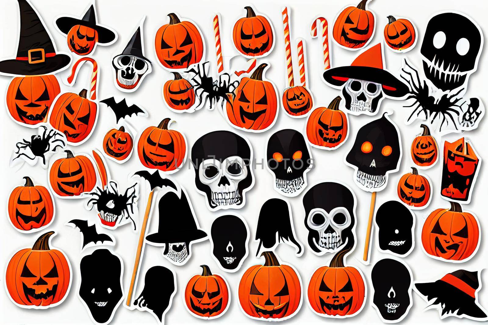 Set of halloween ghosts. Halloween scary spirits with pumpkins in different poses. Halloween ghosts isolated flat Raster illustrations.