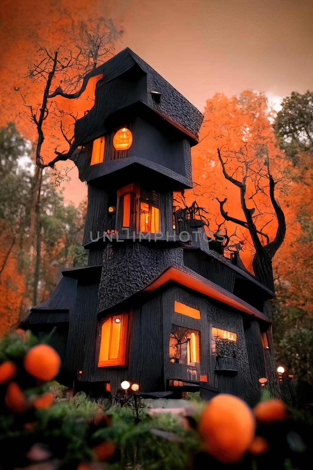 Black and orange house with Halloween theme, 3d render by Farcas