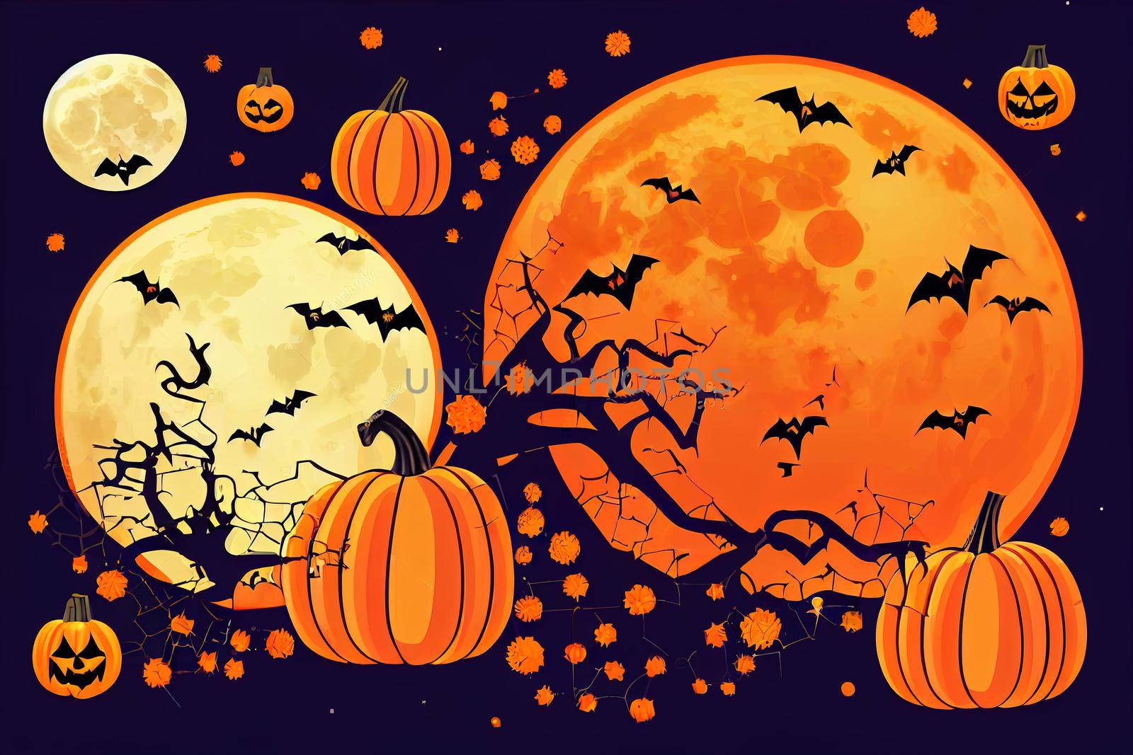 Happy Halloween banner or party invitation background with clouds, bats and pumpkins in paper cut style. Raster illustration. Full moon in orange sky, spiders web and witch cauldron. Place for text