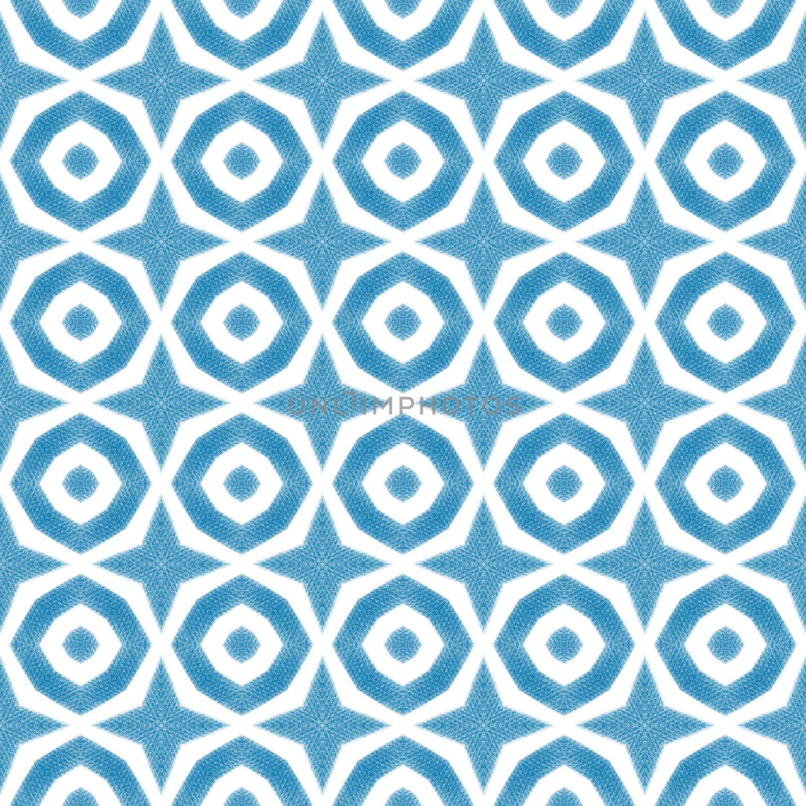 Ikat repeating swimwear design. Blue symmetrical kaleidoscope background. Summer ikat sweamwear pattern. Textile ready graceful print, swimwear fabric, wallpaper, wrapping.