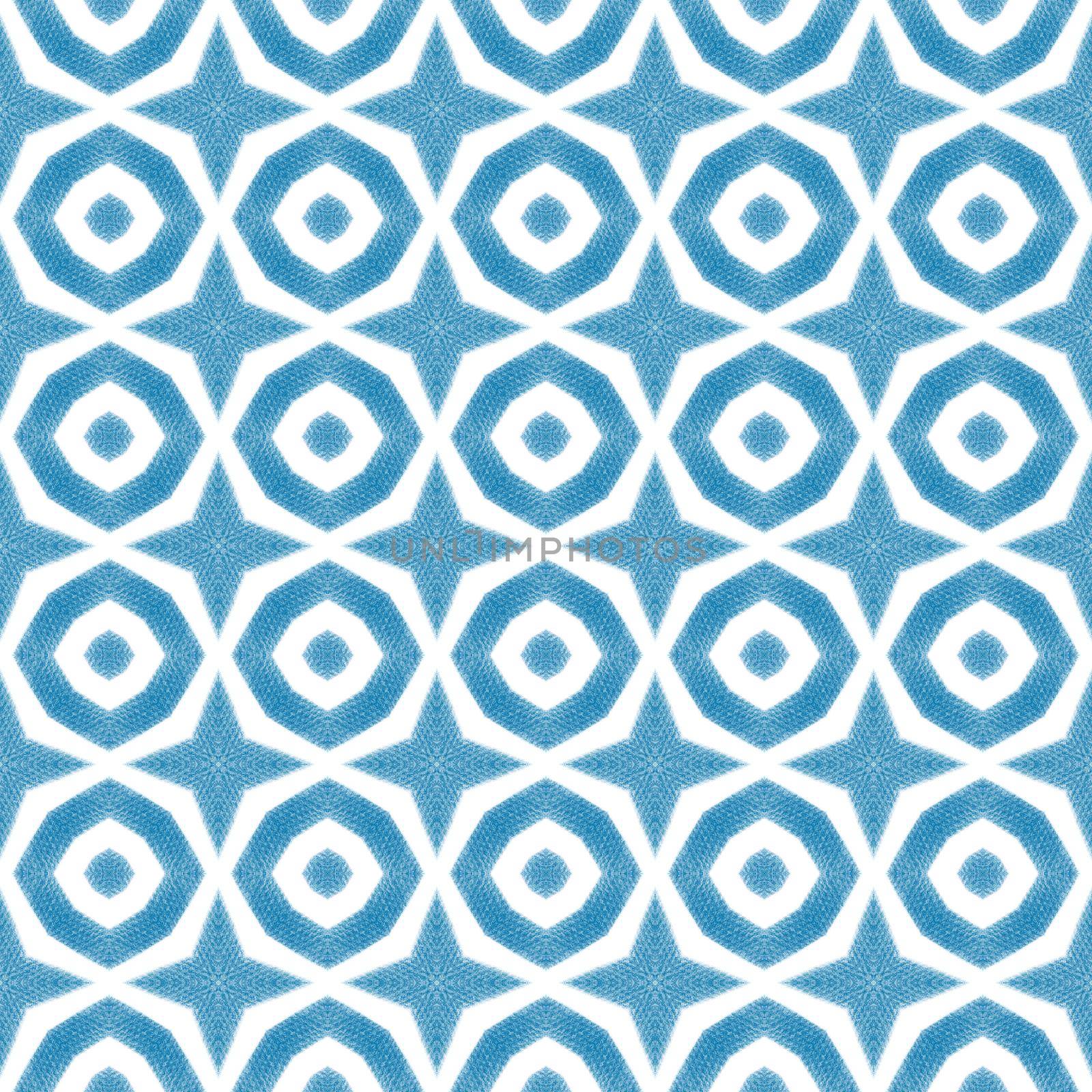 Ikat repeating swimwear design. Blue symmetrical kaleidoscope background. Summer ikat sweamwear pattern. Textile ready graceful print, swimwear fabric, wallpaper, wrapping.