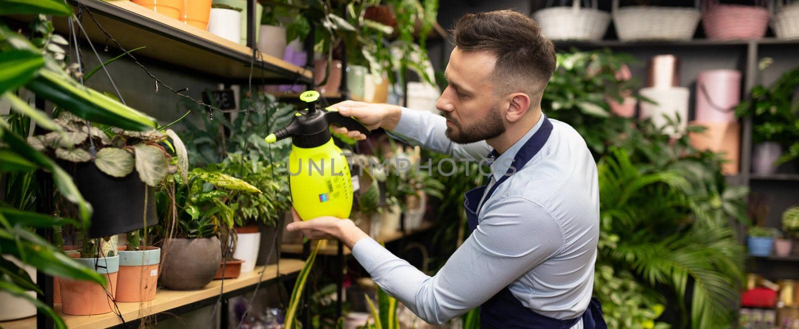 flower shop worker looking after potted plants.