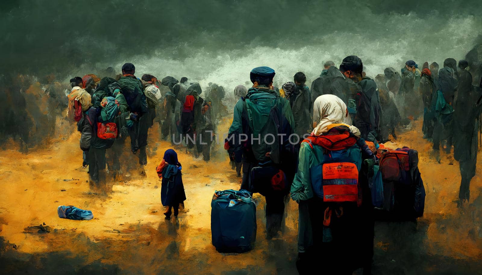 crowd of unrecognizable people with bags and backpacks walking - refugee crisis concept, neural network generated art. Digitally generated image. Not based on any actual scene or pattern.