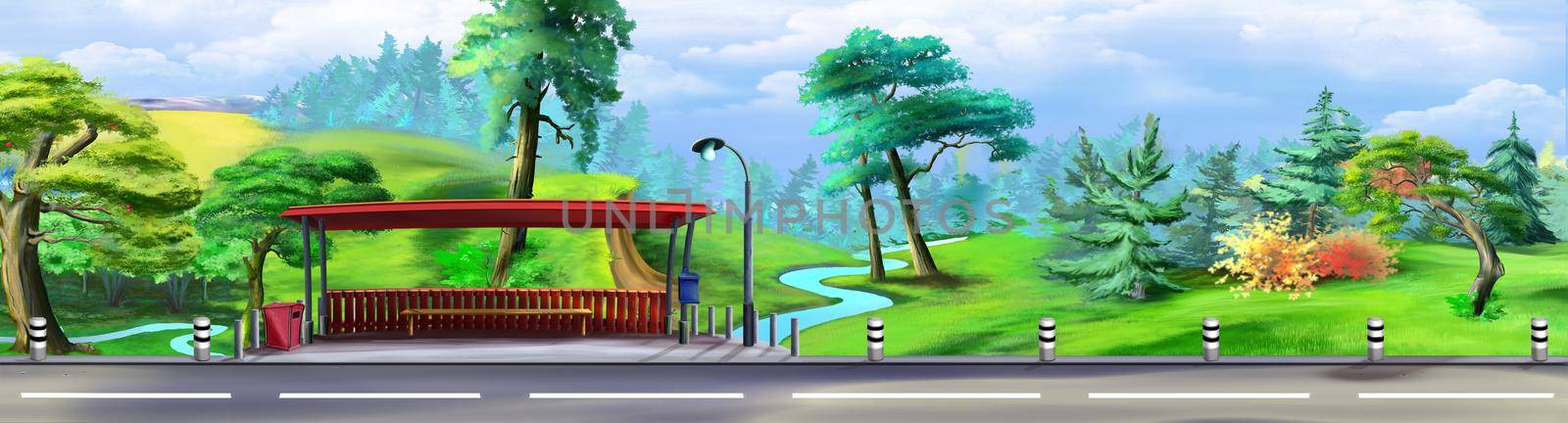 Bus stop on a Suburban highway along the park on a sunny day. Digital Painting Background, Illustration.