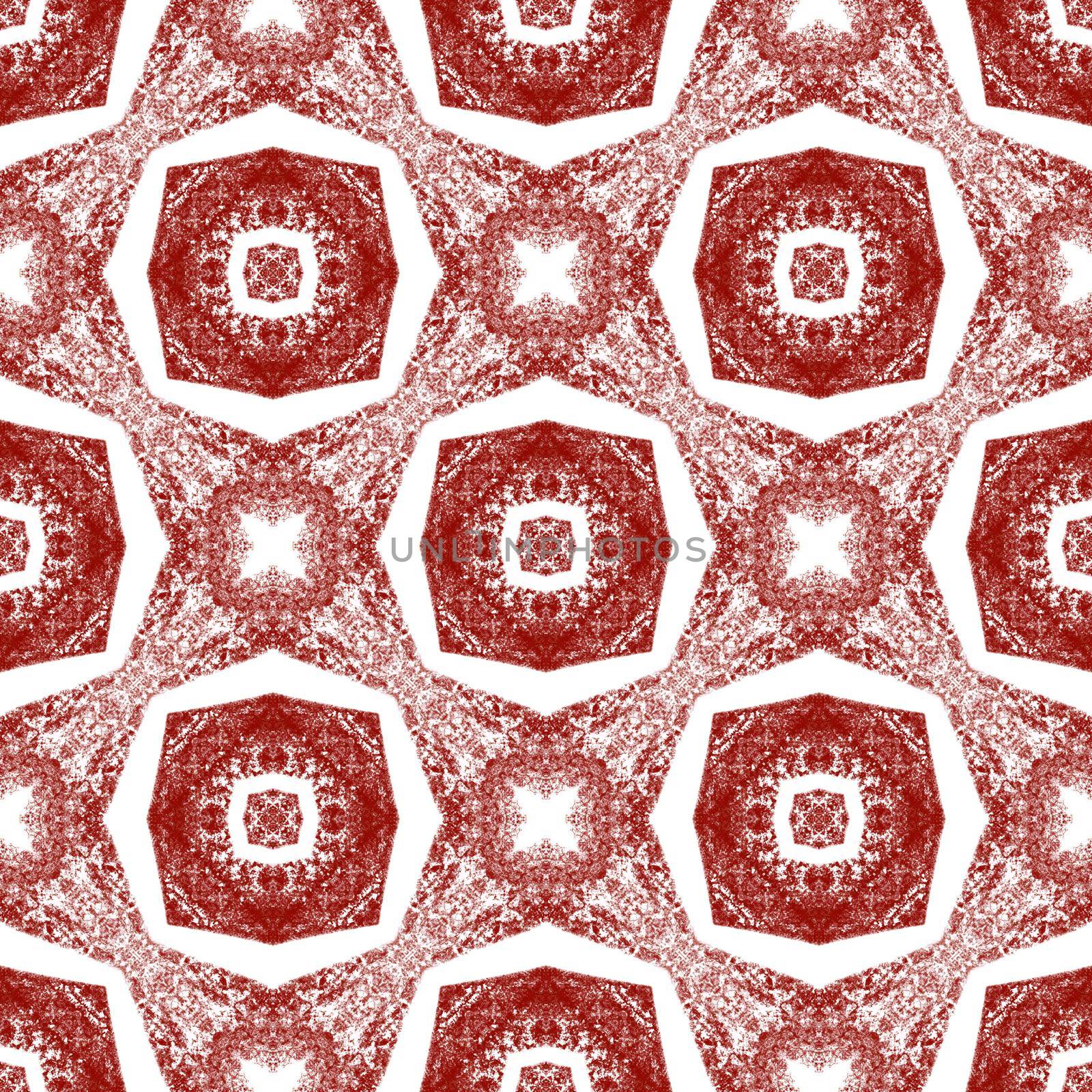 Ethnic hand painted pattern. Wine red symmetrical kaleidoscope background. Summer dress ethnic hand painted tile. Textile ready marvelous print, swimwear fabric, wallpaper, wrapping.