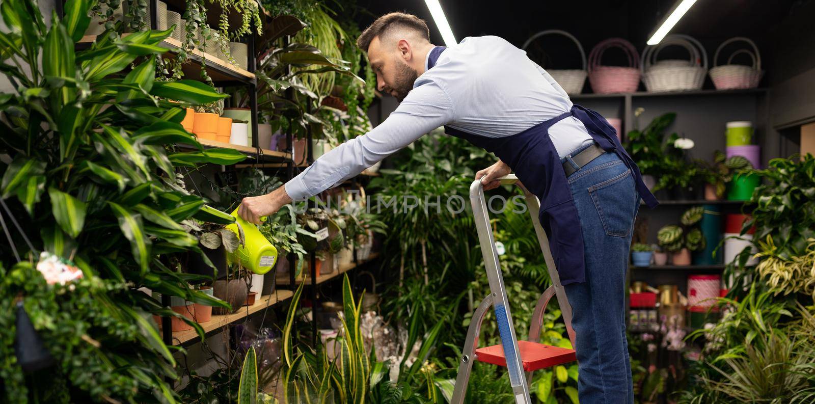 man tending potted plants in a garden shop.