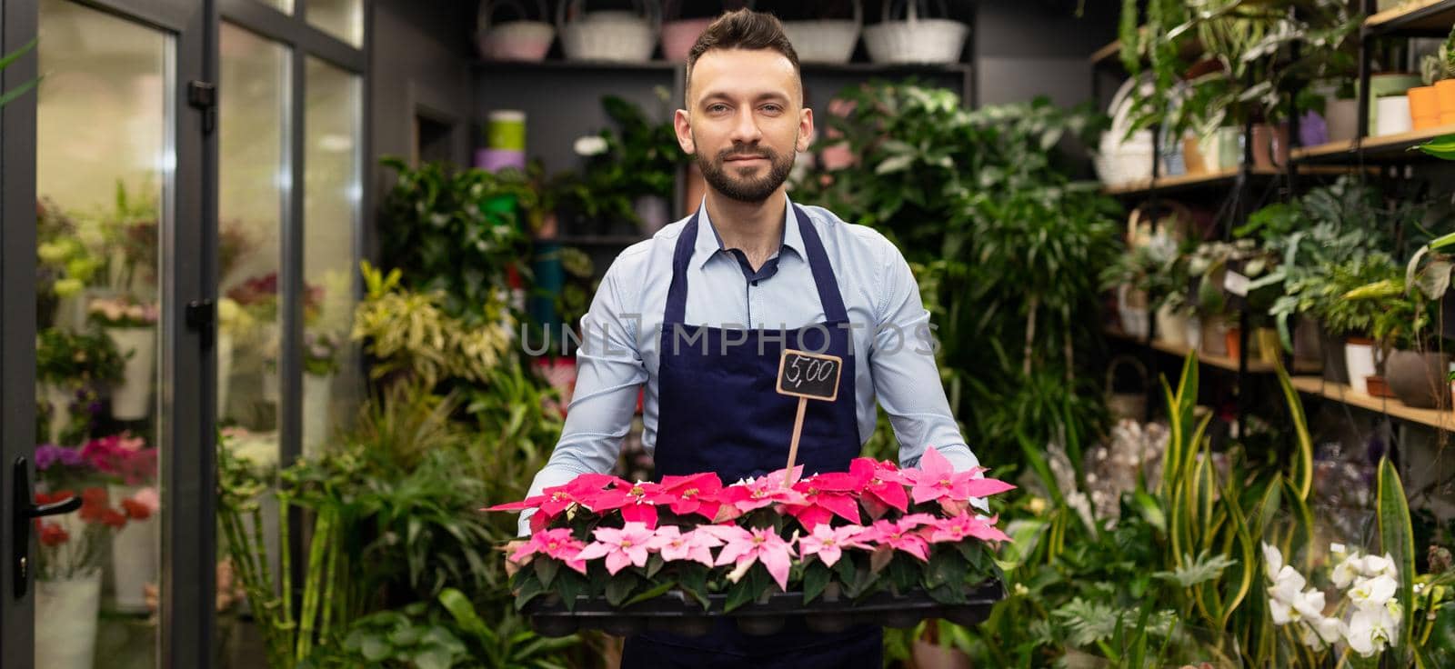 florist businessman with a tray of fresh flowers on the background of a flower shop.