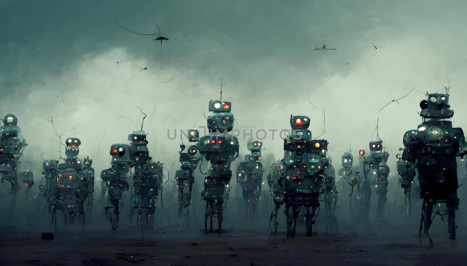 army of robots, neural network generated art. Digitally generated image. Not based on any actual scene or pattern.