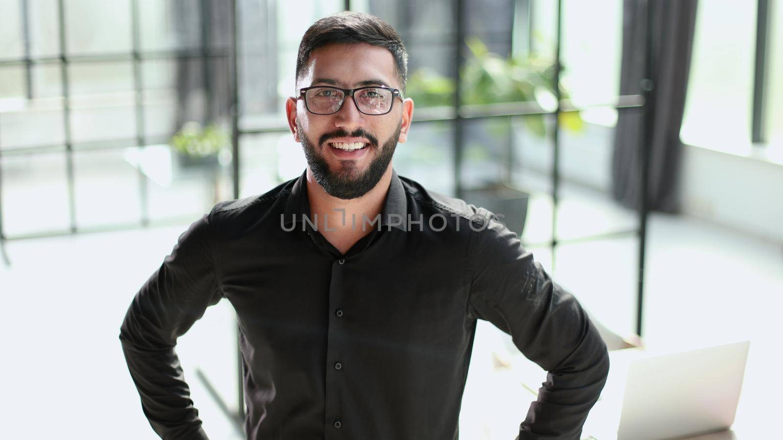 Smiling businessman standing greeting partner with handshake.