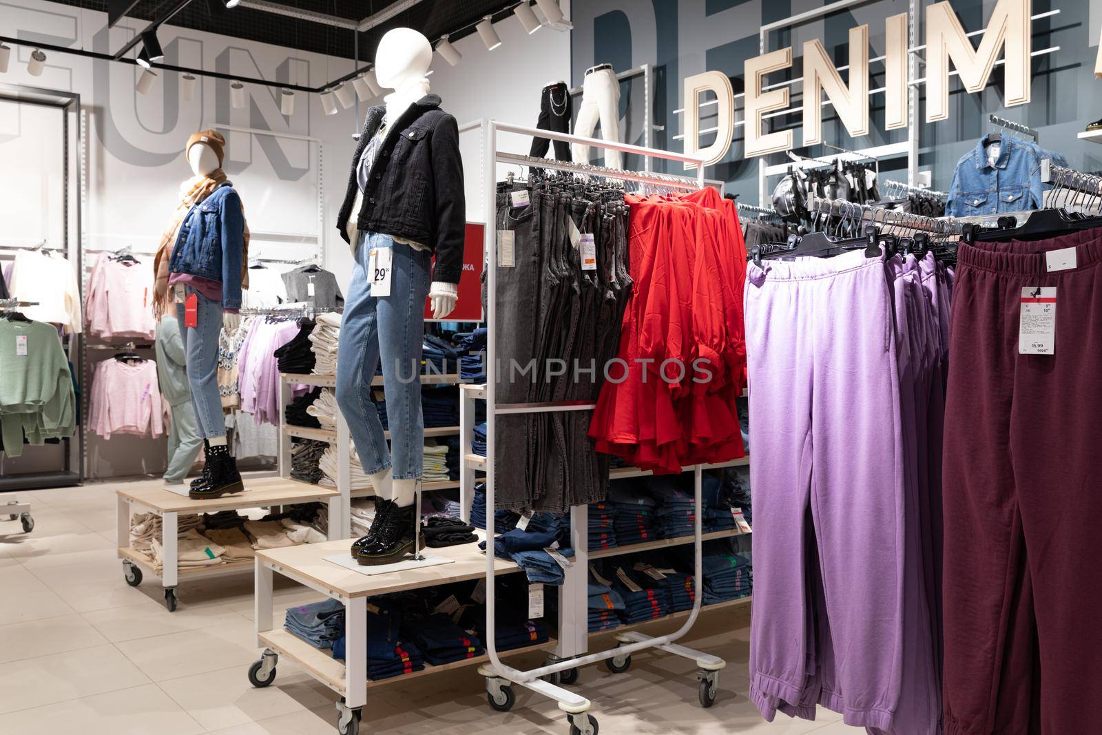 showcase of a store selling stylish denim clothing.