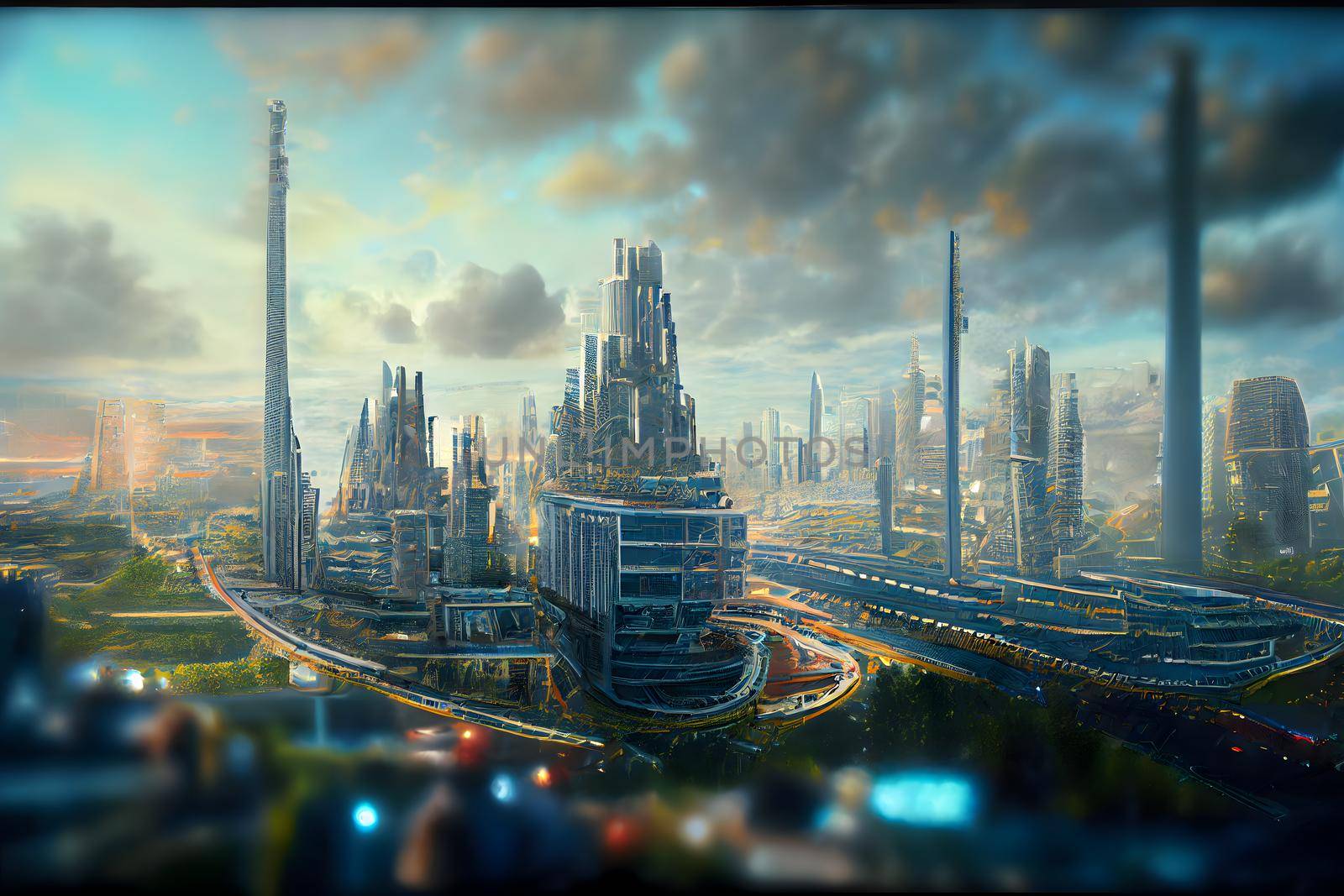 abstract futuristic utopian cityscape, neural network generated art. Digitally generated image. Not based on any actual scene or pattern.