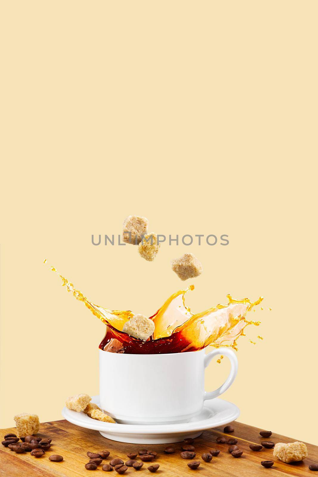 Falling coffee cup. Cup of coffee splashes while falling. Splash in white coffee cup. by PhotoTime