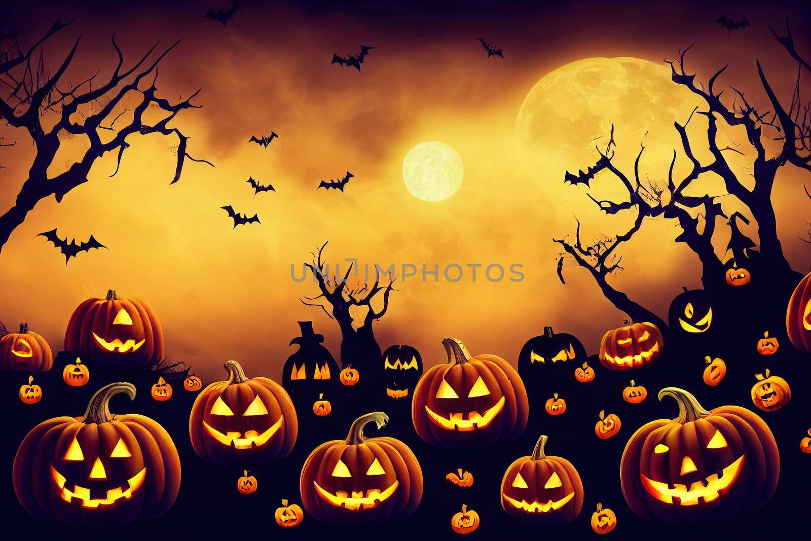 Halloween background. Spooky pumpkin with moon and dark forest. Halloween design with scary face with orange light, Scary glow pumpkin faces