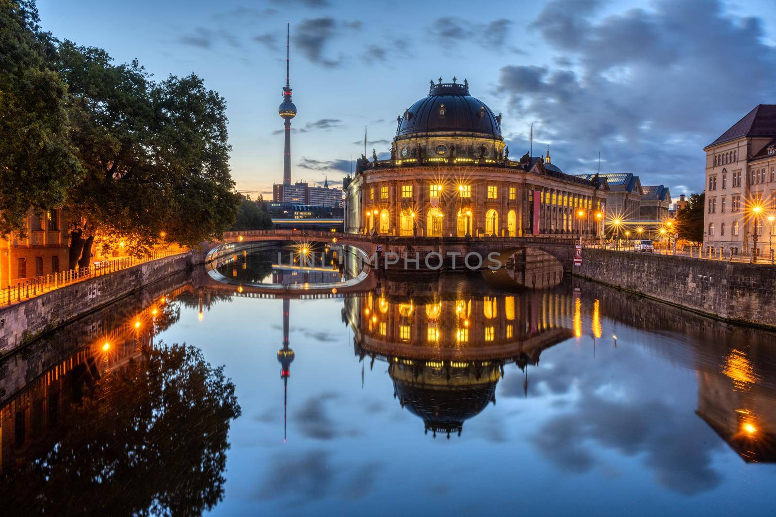 The Bode Museum, the Television Tower and the river Spree in Berlin before sunrise