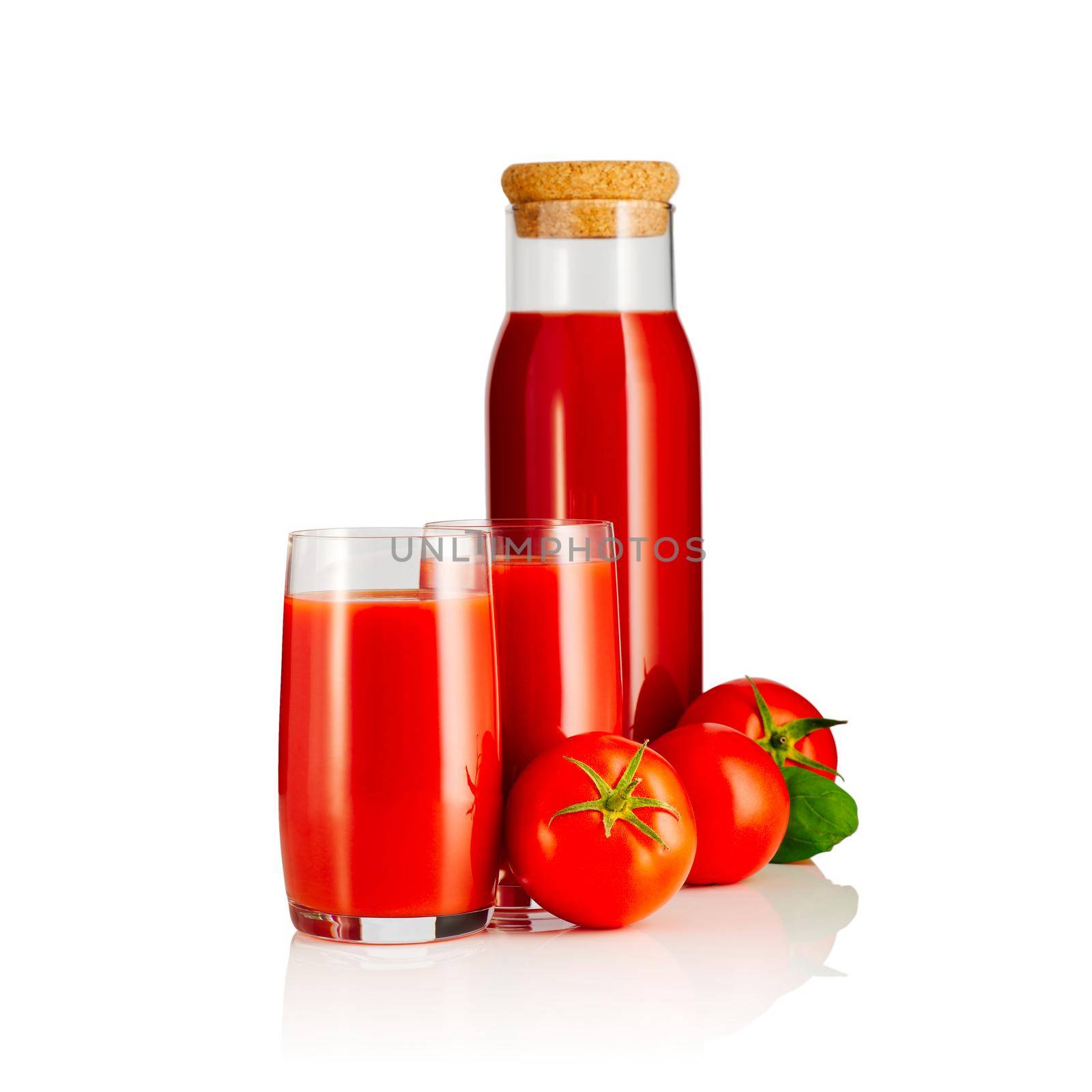 tomato juice in glass and bottle isolated on white. by PhotoTime