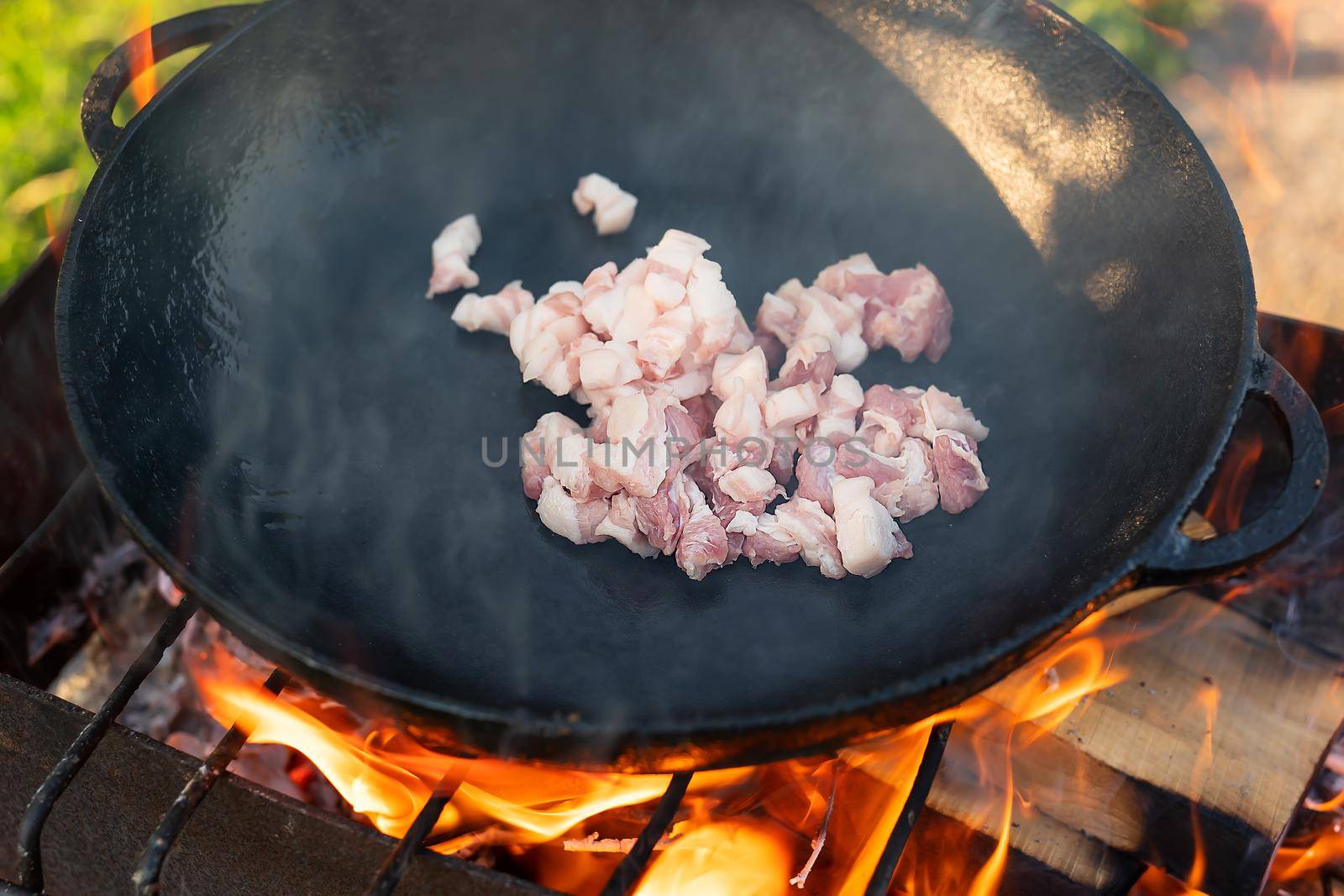 Cooking meat, lard, bacon in a cast iron pan with smoke. Fresh meat roasted on fire. Picnic in nature