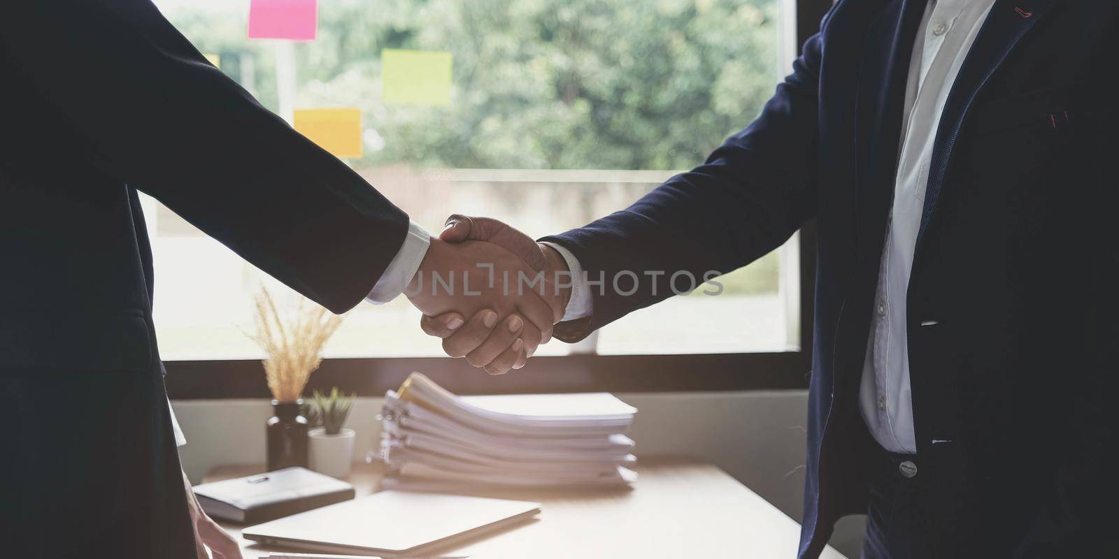 Two confident business man shaking hands during a meeting in the office, success, dealing, greeting and partner concept..