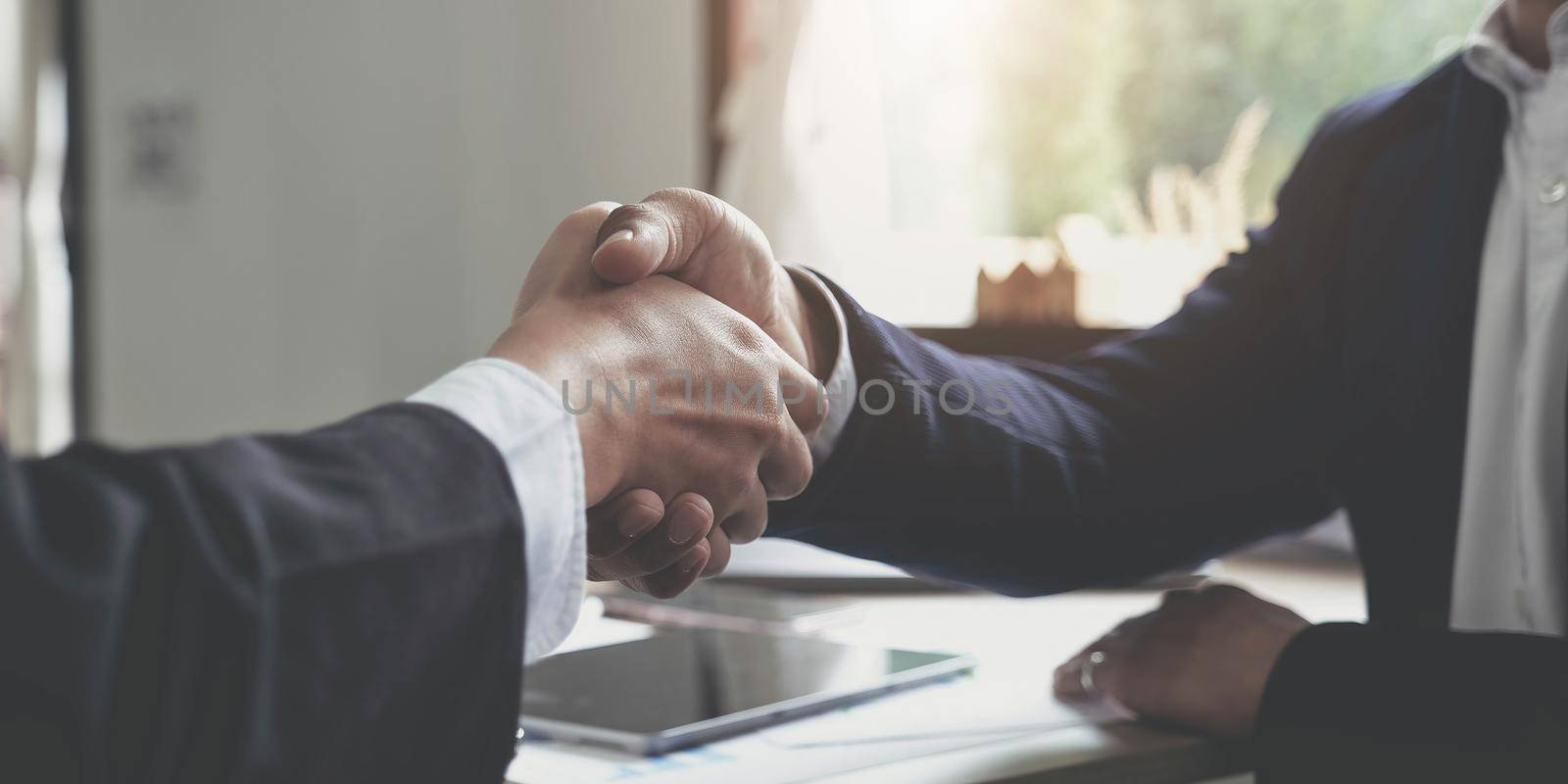 Business people shaking hands, finishing up meeting, business etiquette, congratulation, merger and acquisition concept by wichayada