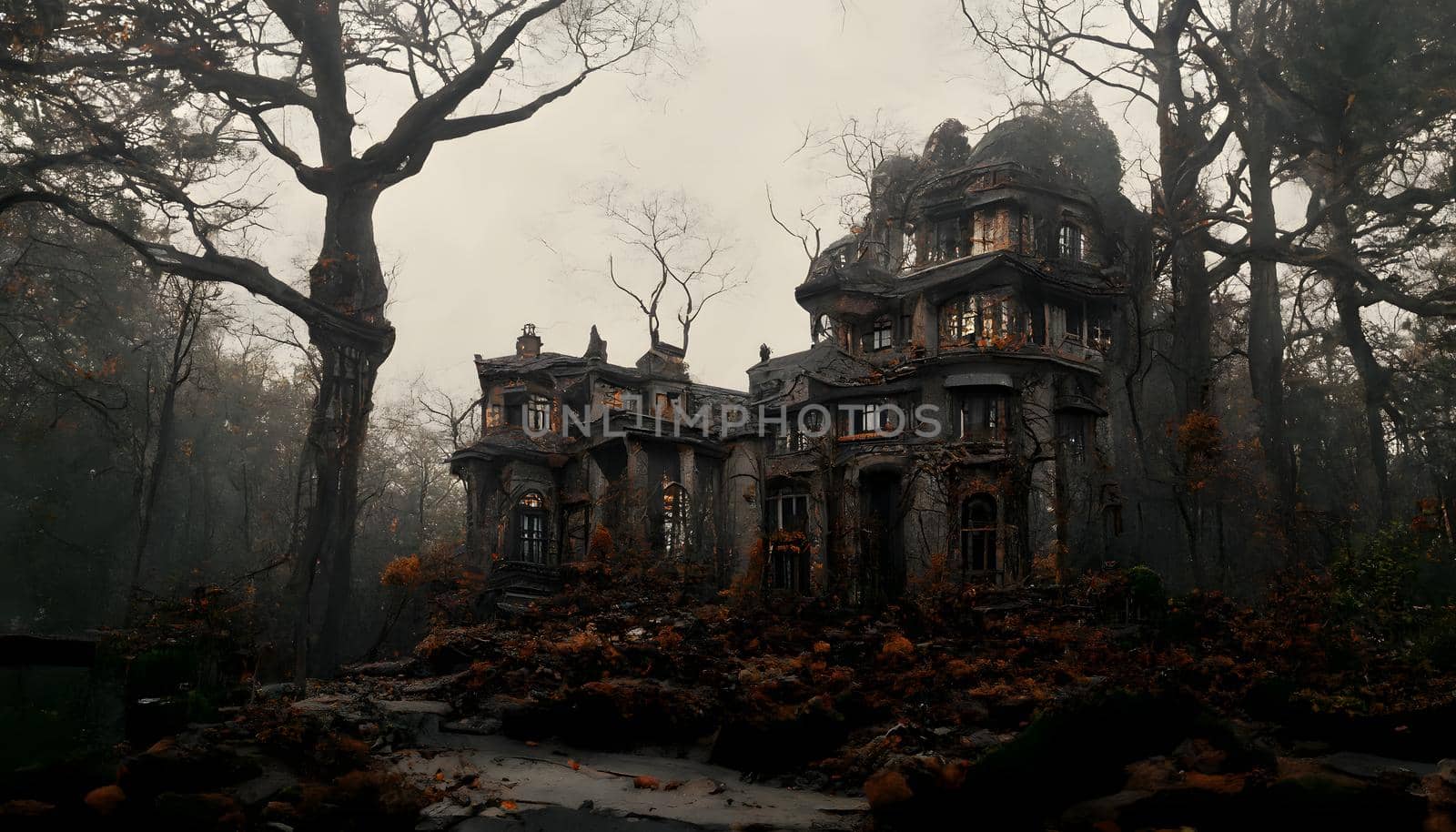 spooky haunted mansion in black leafless forest, neural network generated art. Digitally generated image. Not based on any actual scene or pattern.