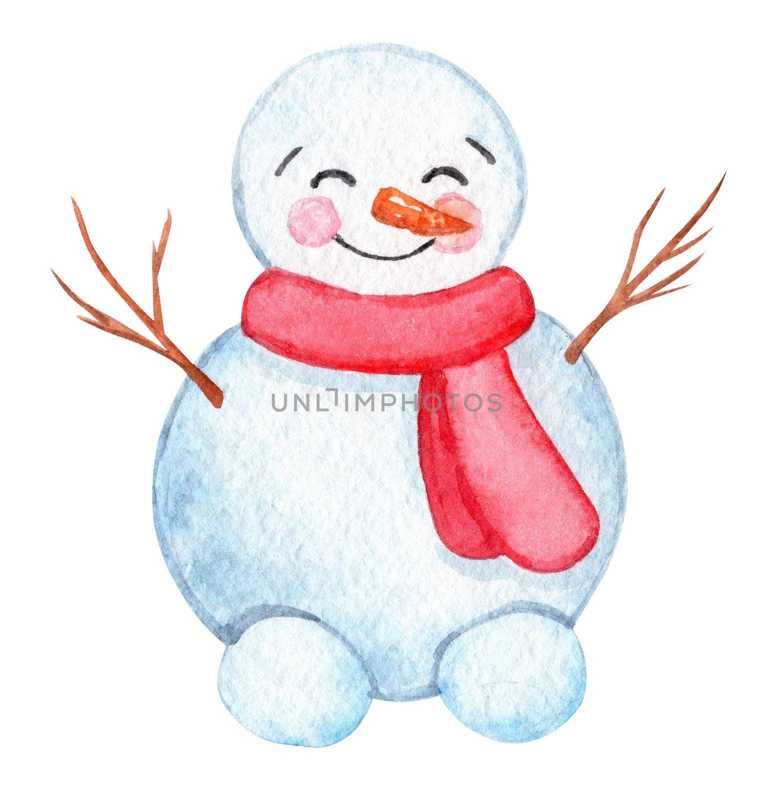 Watercolor funny snowman in red scarf isolated on white by dreamloud