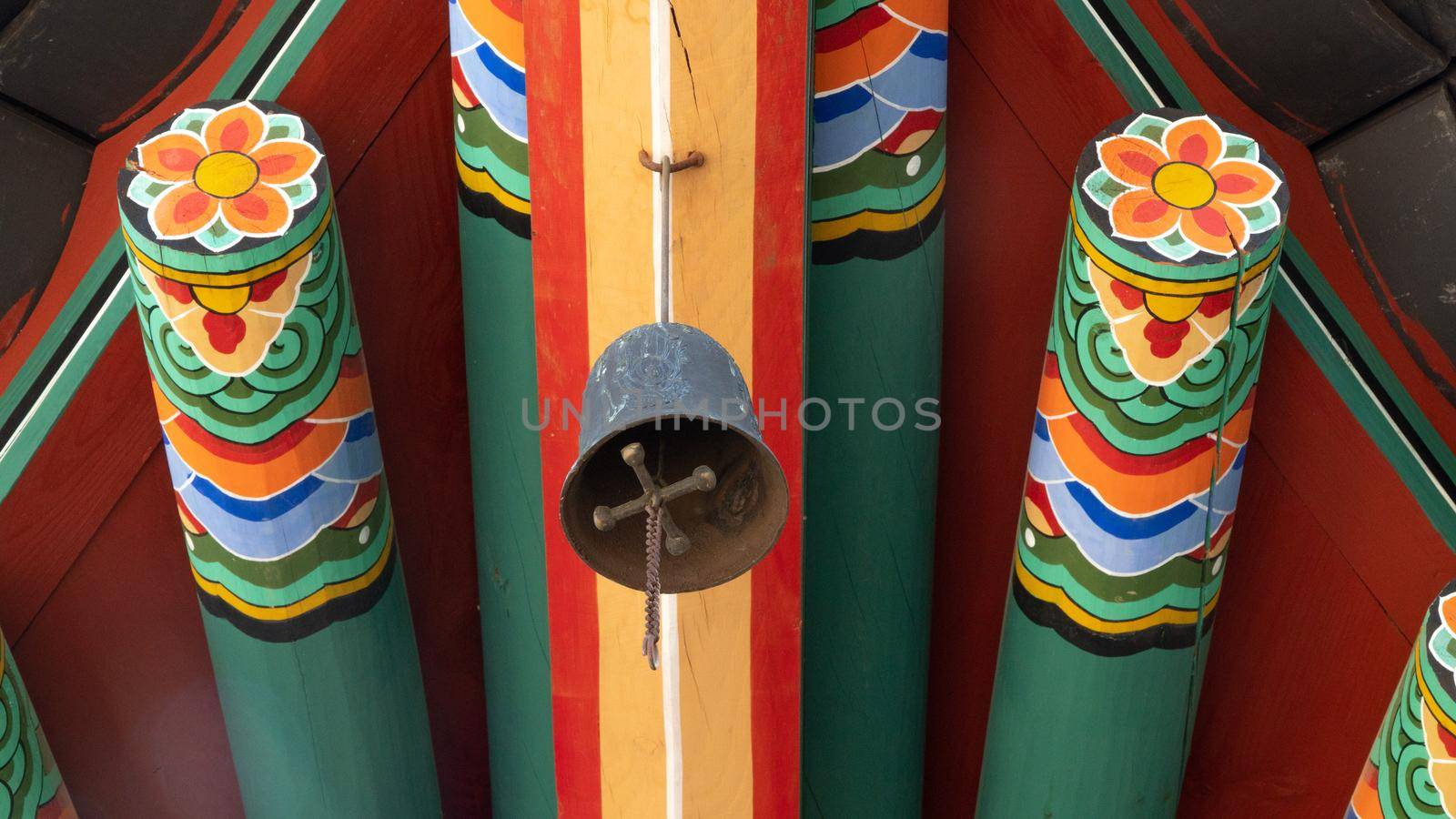 Bell and painted beams with pattern, oriental style, Buddhist temple. High quality photo