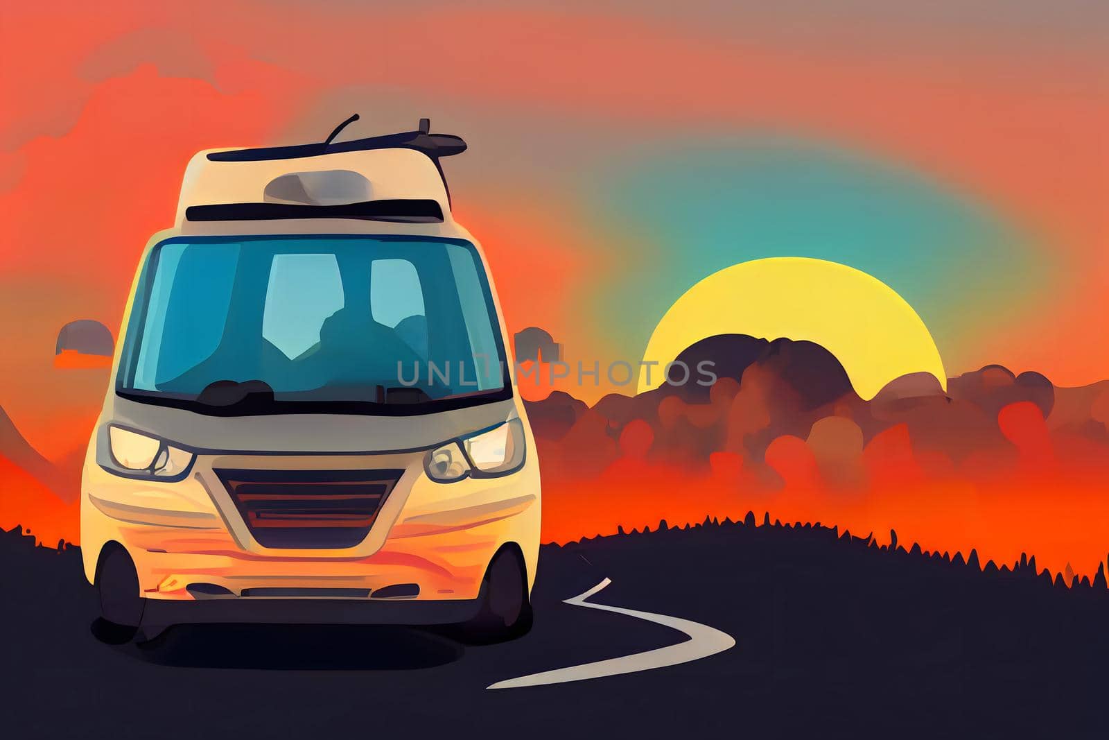 Travel van driving on sunset background. Camping car on the road. Cartoon style travel concept, neural network generated art. Digitally generated image. Not based on any actual scene or pattern.