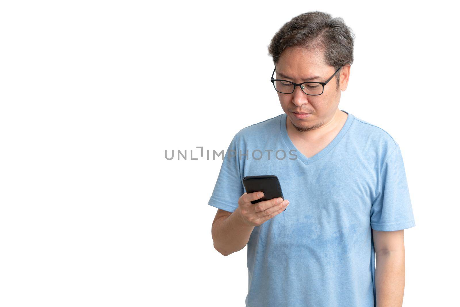 Asian man holding smartphone and stress with copy space on white background