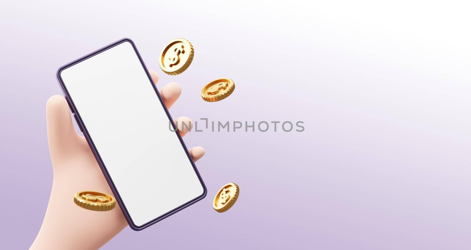 Hand holding mobile phone with gold coin 3D render
