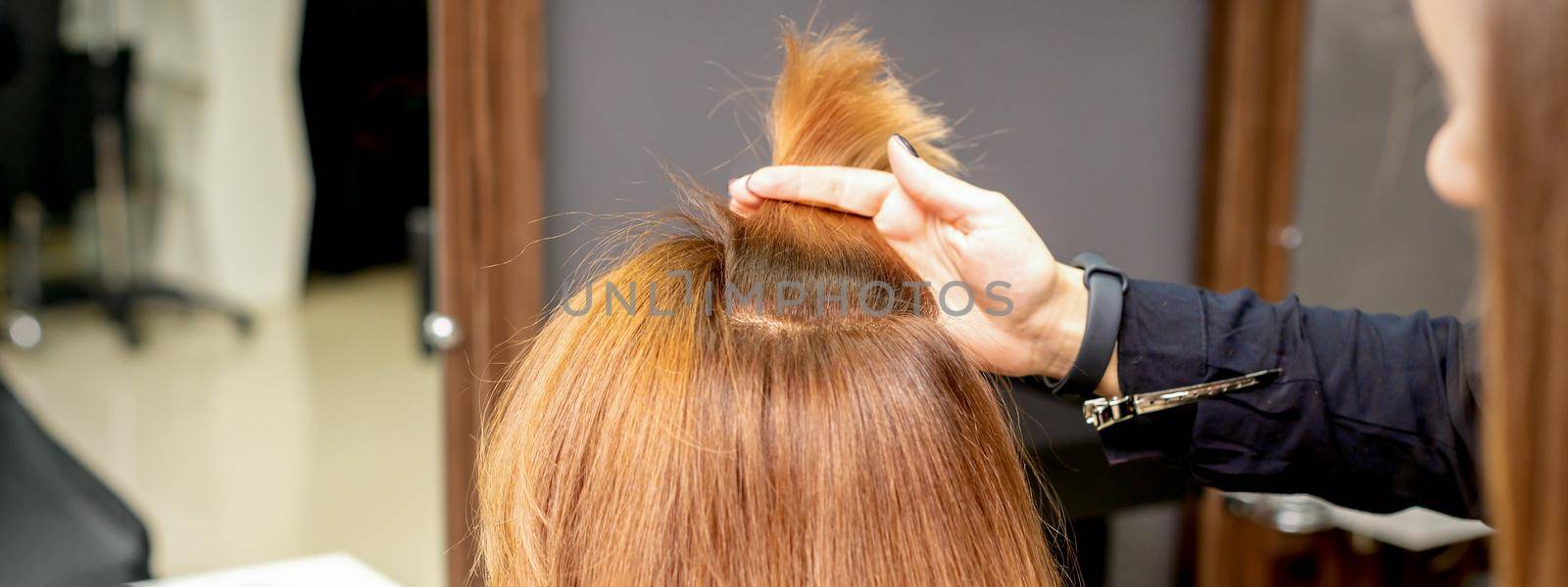 The hairdresser holds a strand in hand between fingers of the female hair. Examination of the hair of the young woman in a hairdressing salon. by okskukuruza