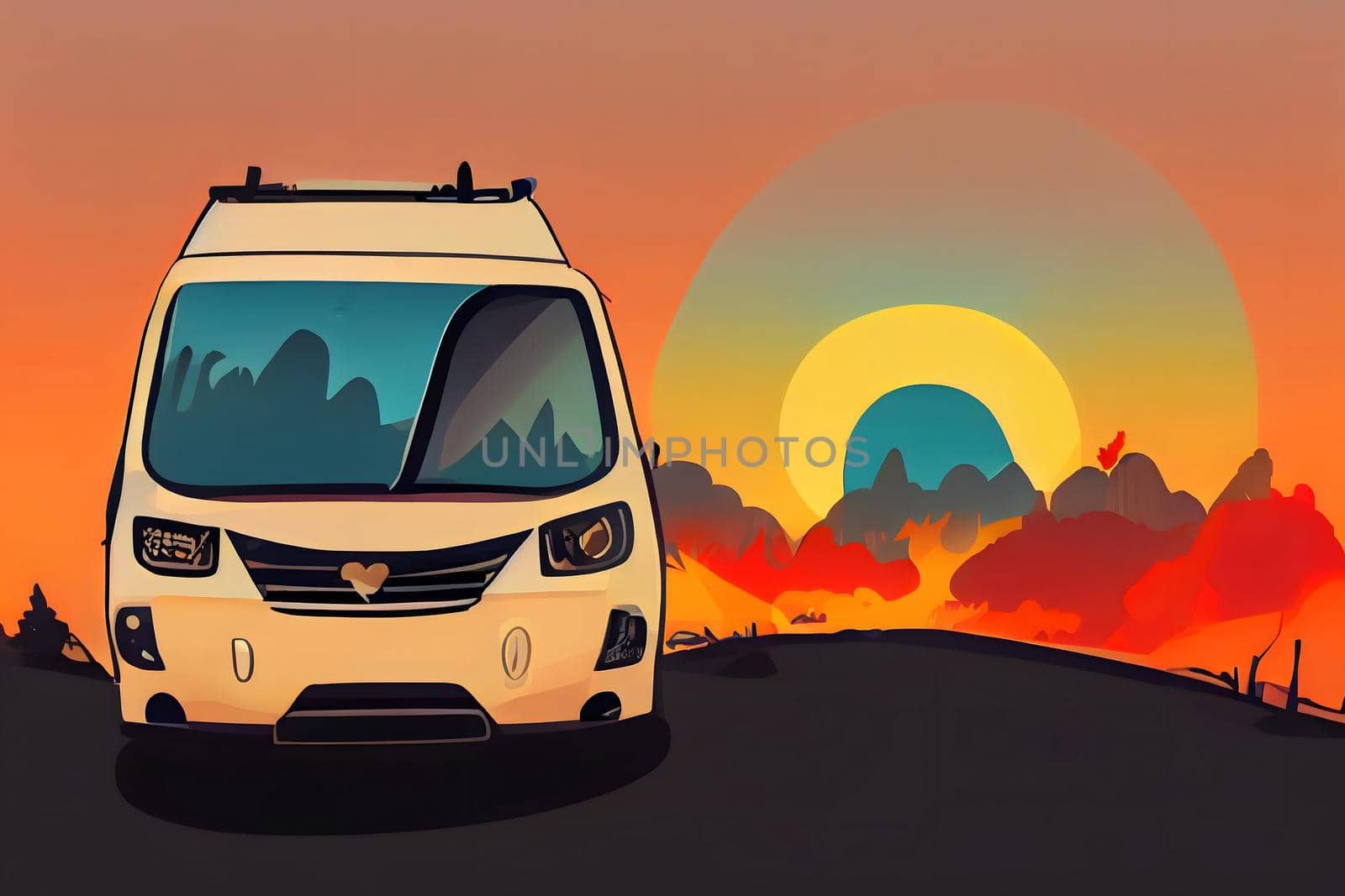 Travel van driving on sunset background. Camping car on the road. Cartoon style travel concept, neural network generated art. Digitally generated image. Not based on any actual scene or pattern.