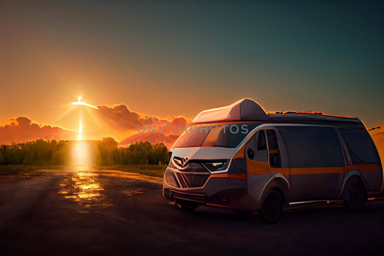 Travel van driving on sunset background. Camping car on the road. Cartoon style travel concept, neural network generated art. Digitally generated image. Not based on any actual scene or pattern.