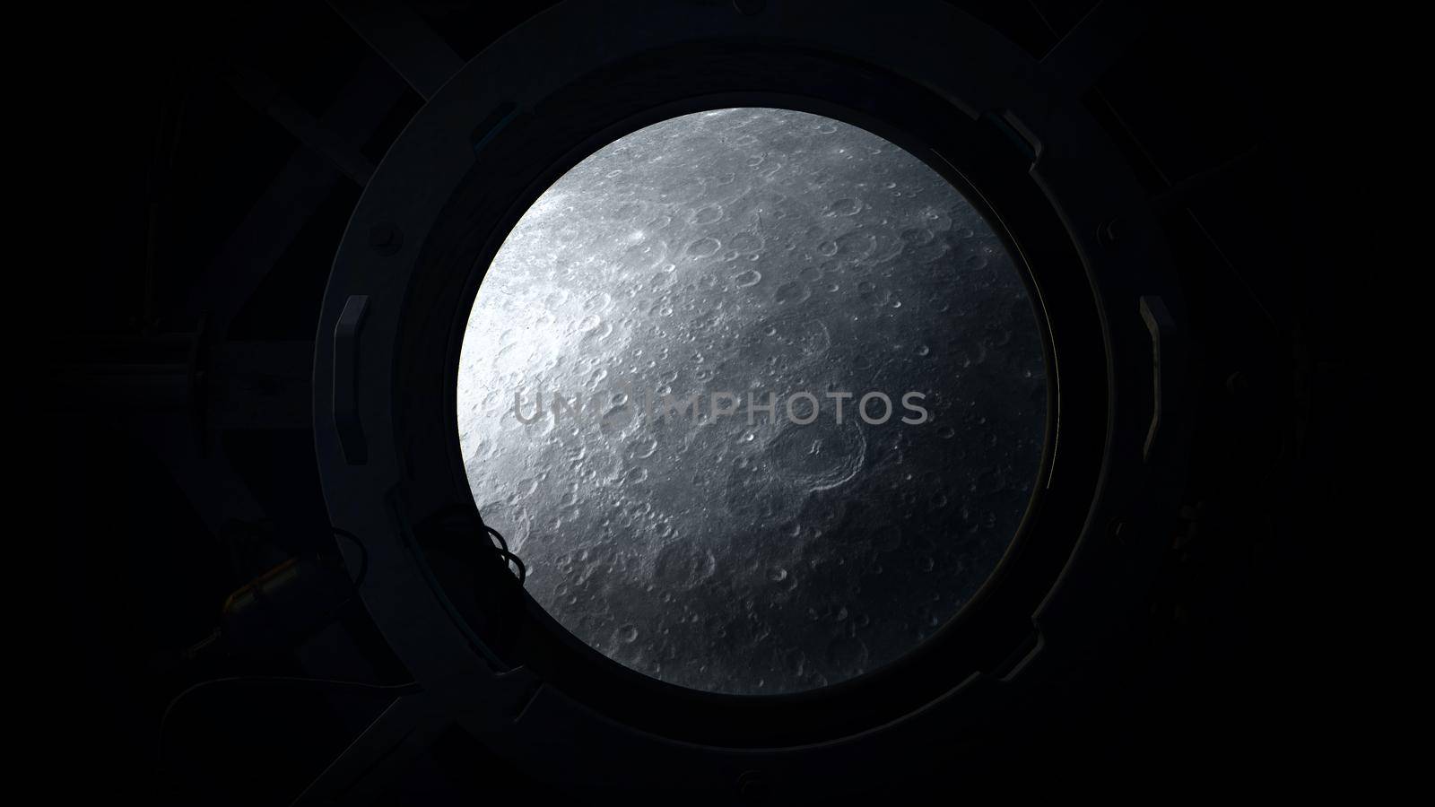 The gray moon is visible from the porthole of a spaceship approaching it.