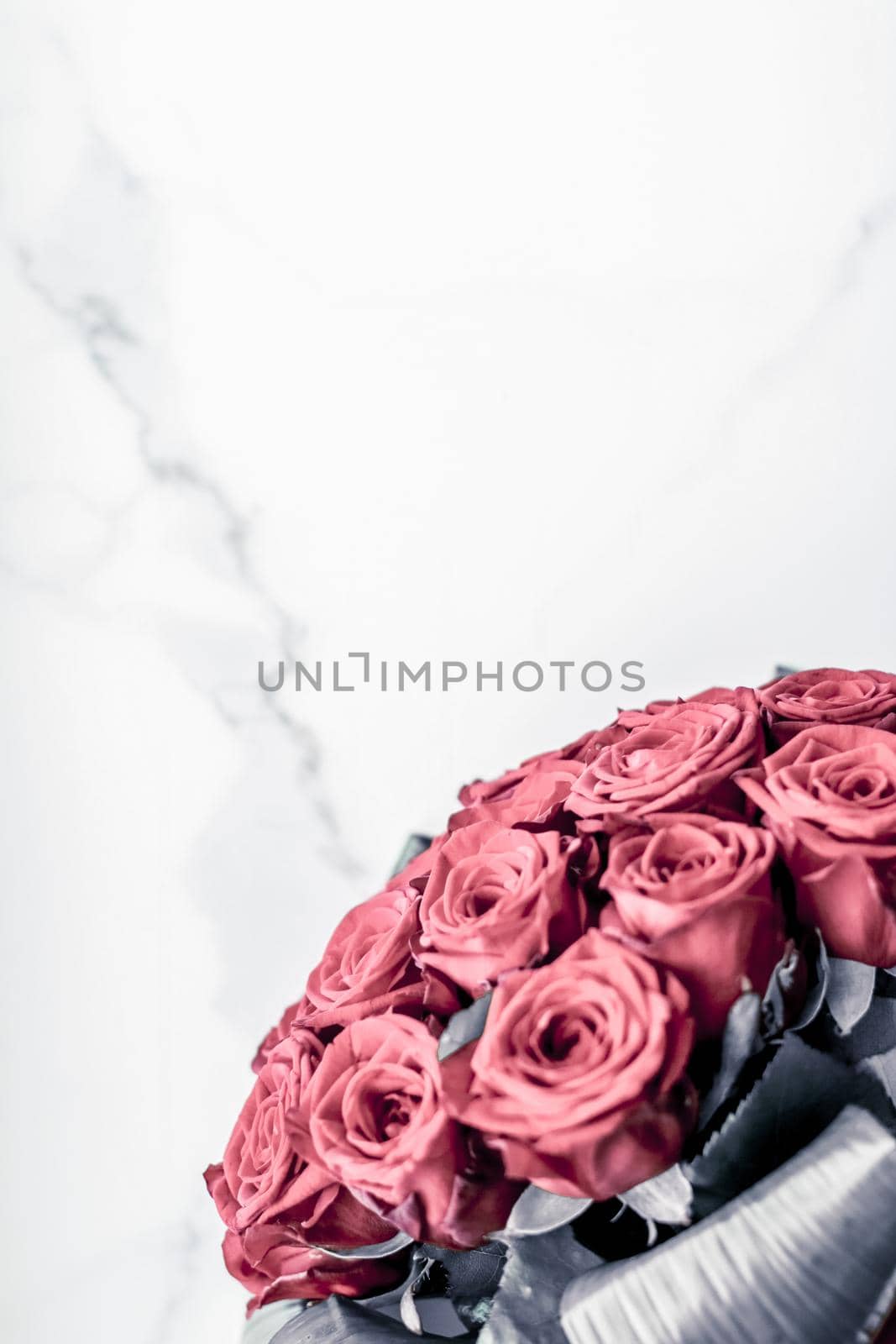 Gift for her, romantic relationship and floral design concept - Luxury bouquet of coral roses on marble background, beautiful flowers as holiday love present on Valentines Day