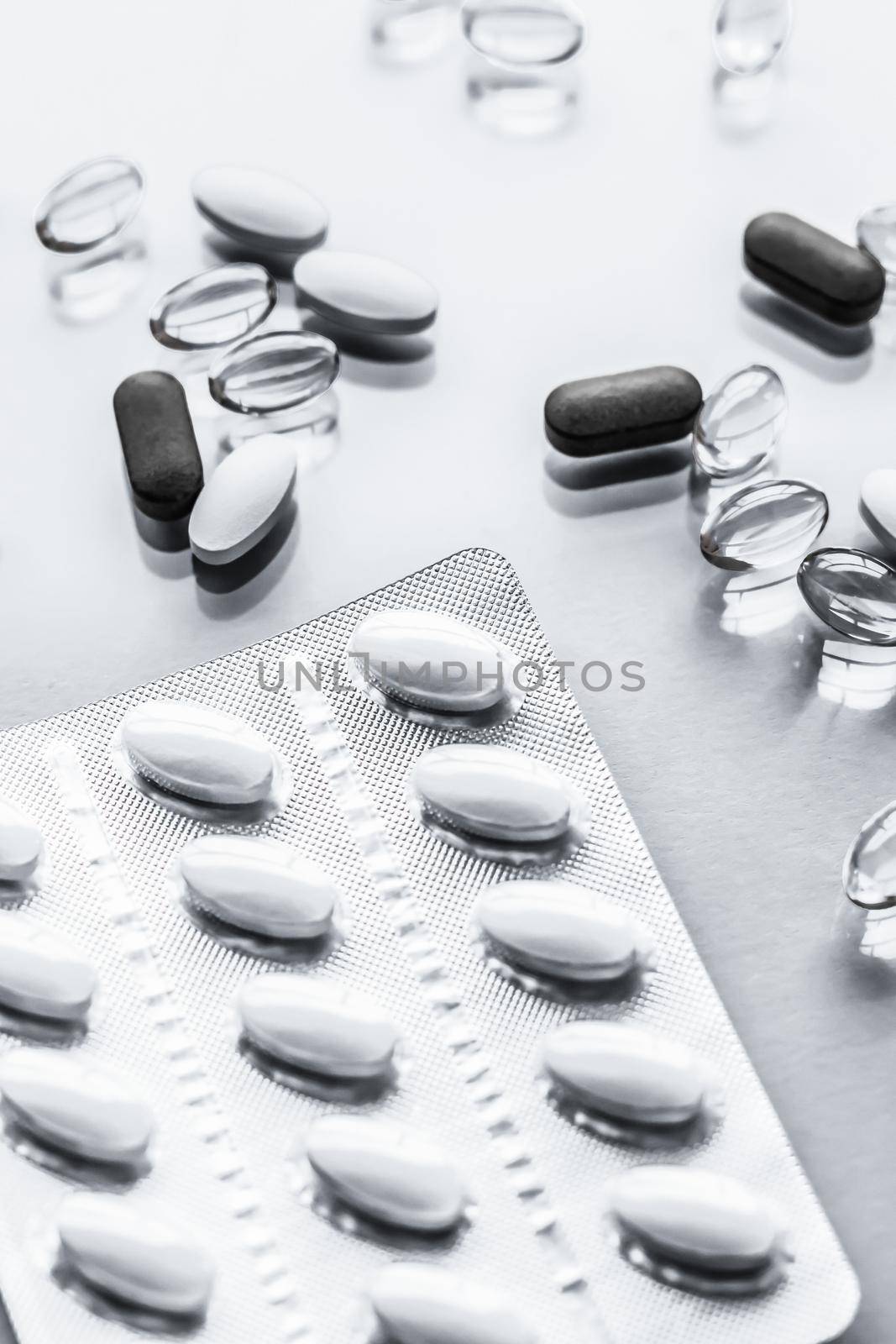 Pharma, branding and lab concept - Pills and capsules for diet nutrition, anti-aging beauty supplements, probiotic drugs, pill vitamins as medicine and healthcare cosmetics, pharmacy brand background