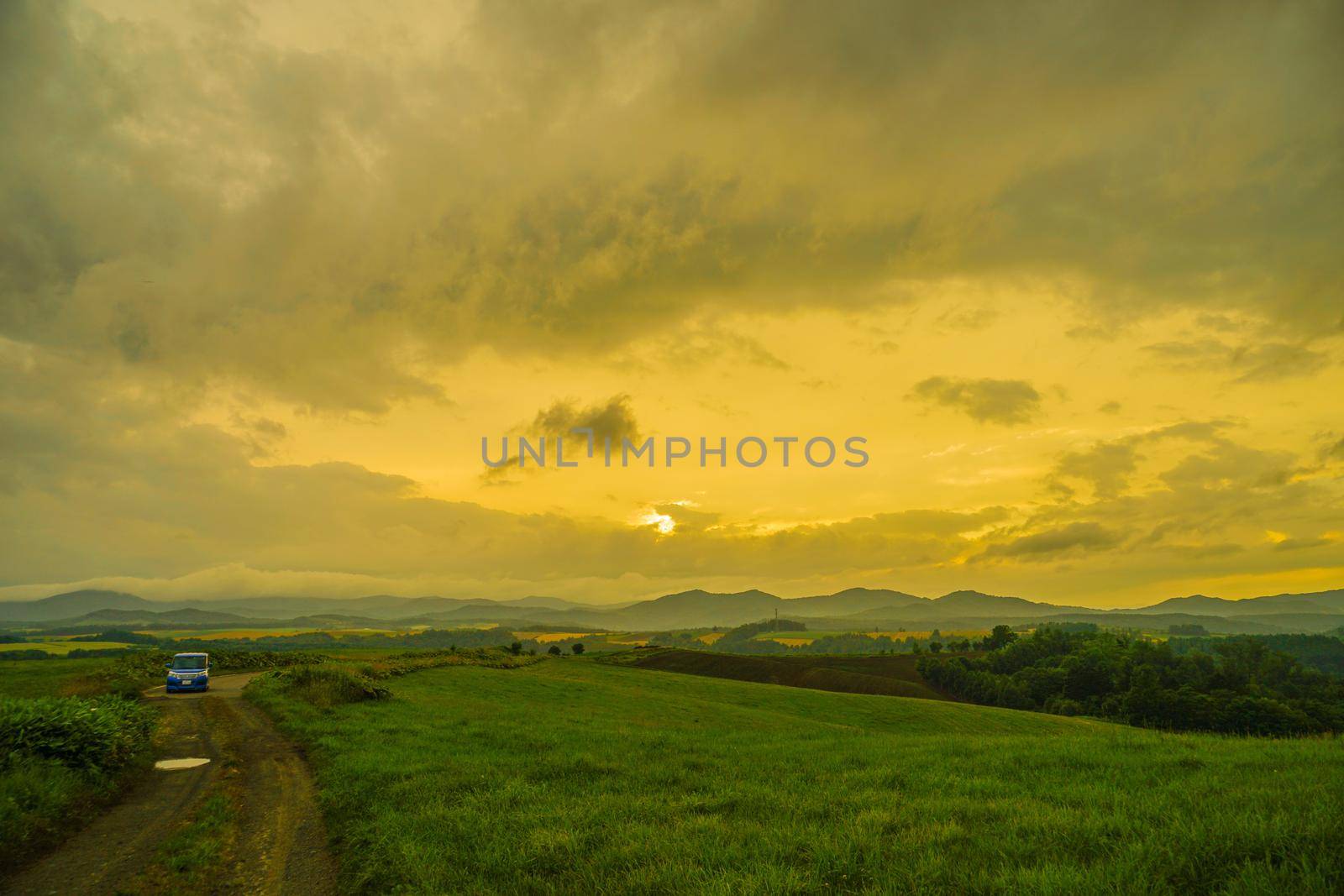 Sunset view with meadow in Hokkaido. Shooting Location: Hokkaido Biei-cho