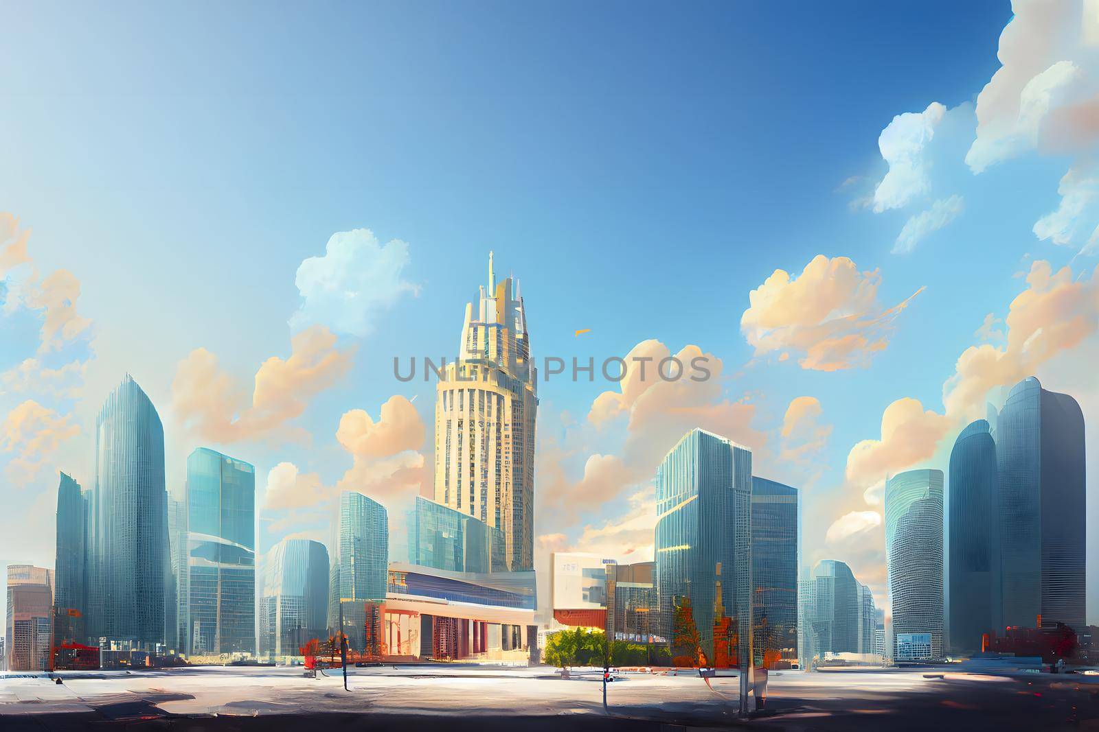 abstract contemporary western downtown cityscape at sunny morning with modern skyscrapers, neural network generated art. Digitally generated image. Not based on any actual scene or pattern.