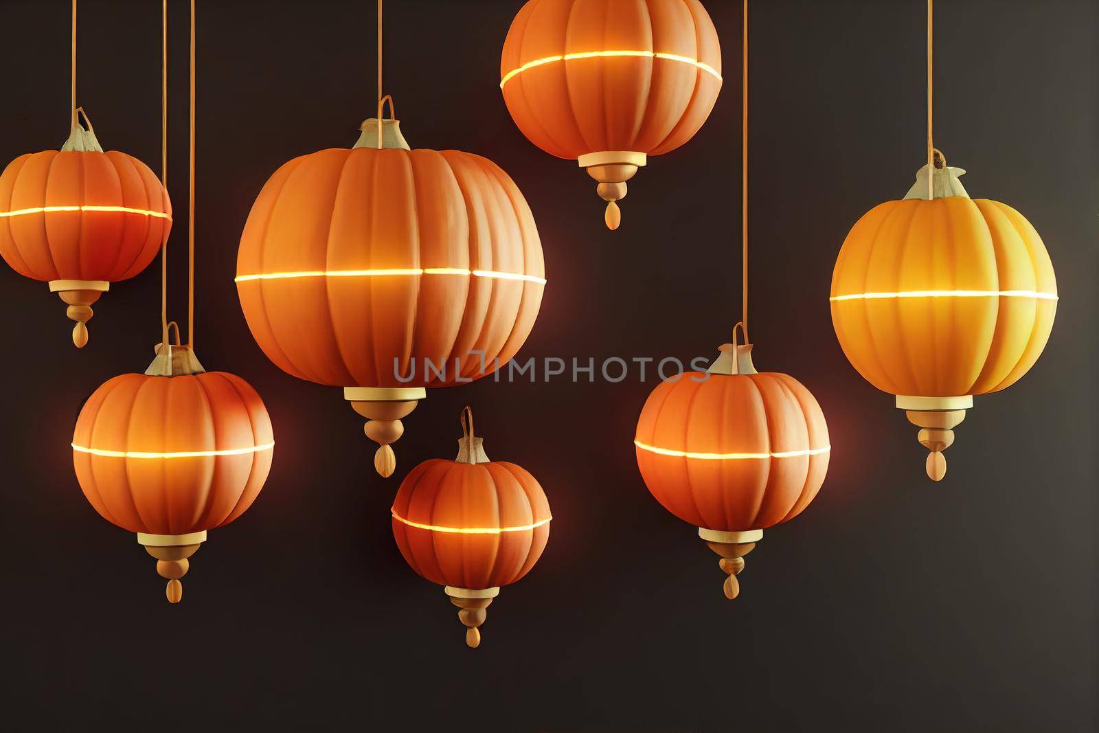 Living room interior decorated with lanterns and Halloween pumpkins, Jack o lantern, for Halloween party, 3D Rendering