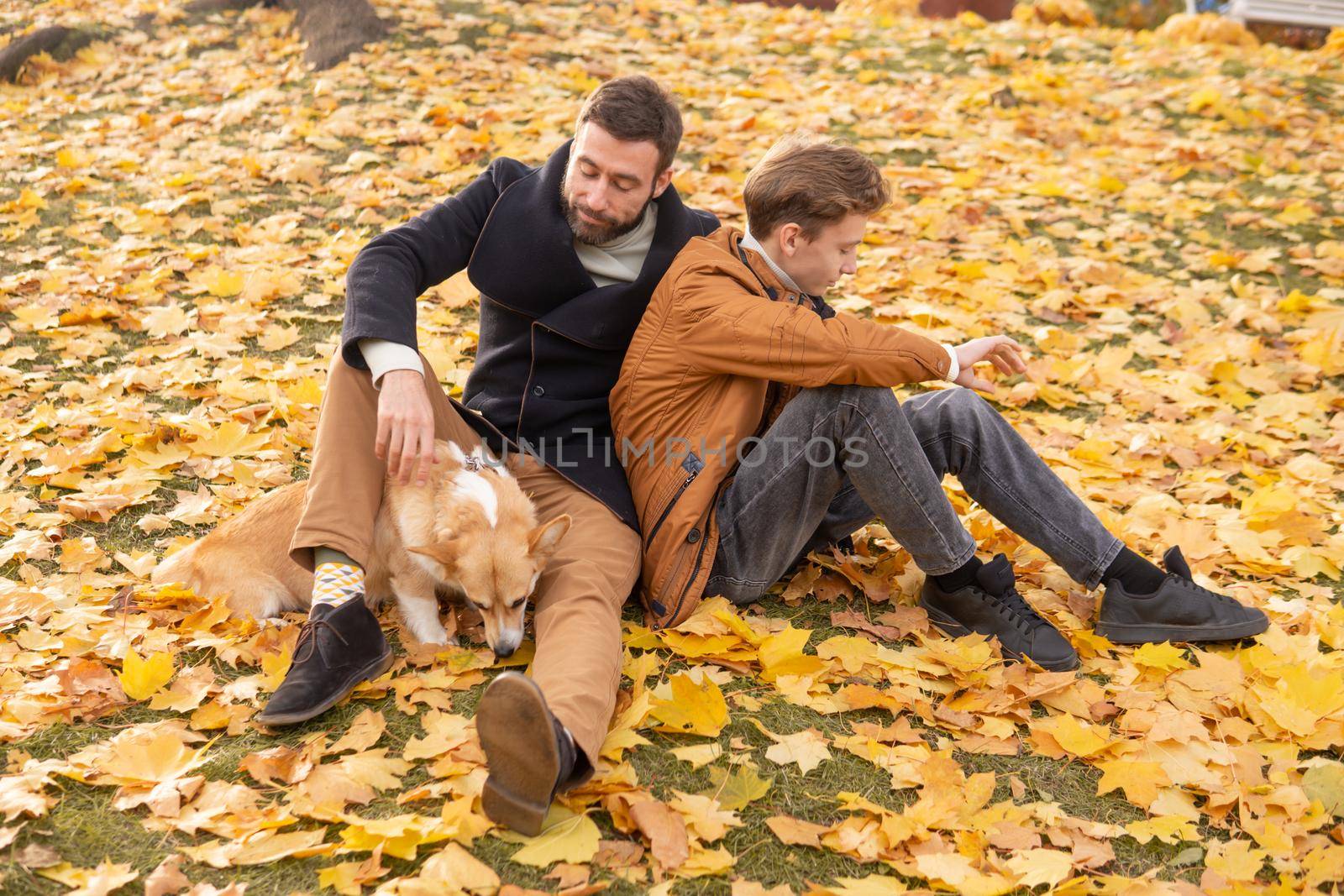 Father and son with a pet on a walk in the autumn park.