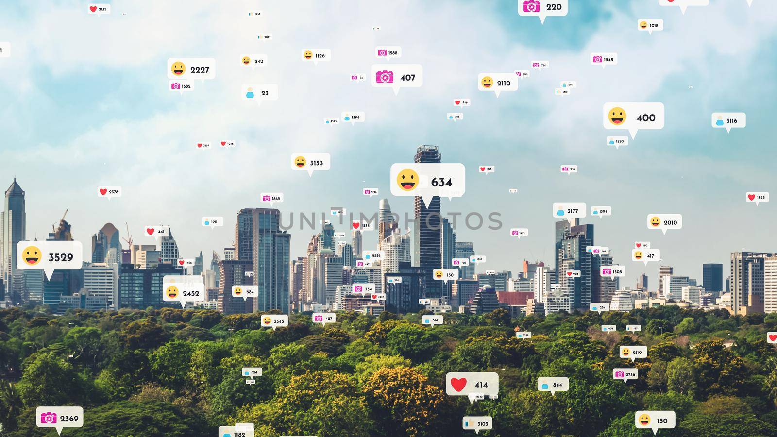 Social media icons fly over city downtown showing people reciprocity connection through social network application platform . Concept for online community and social media marketing strategy .