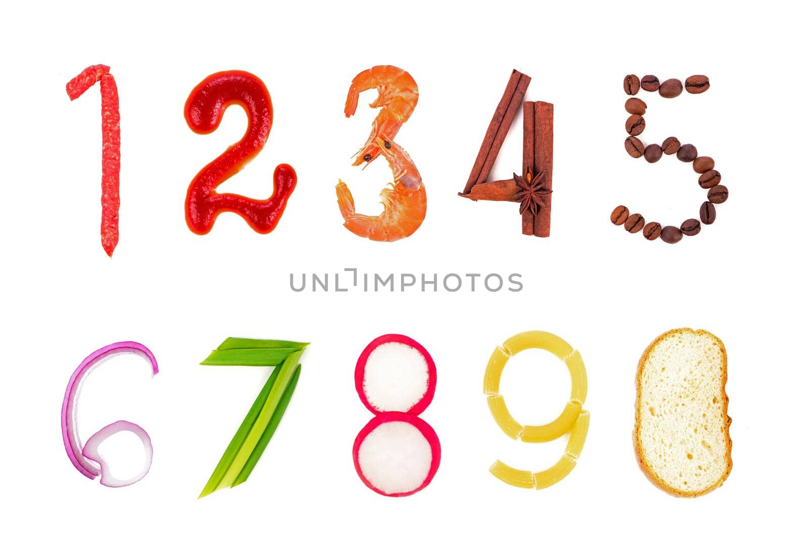 numbers numerals laid out from food isolated on white background