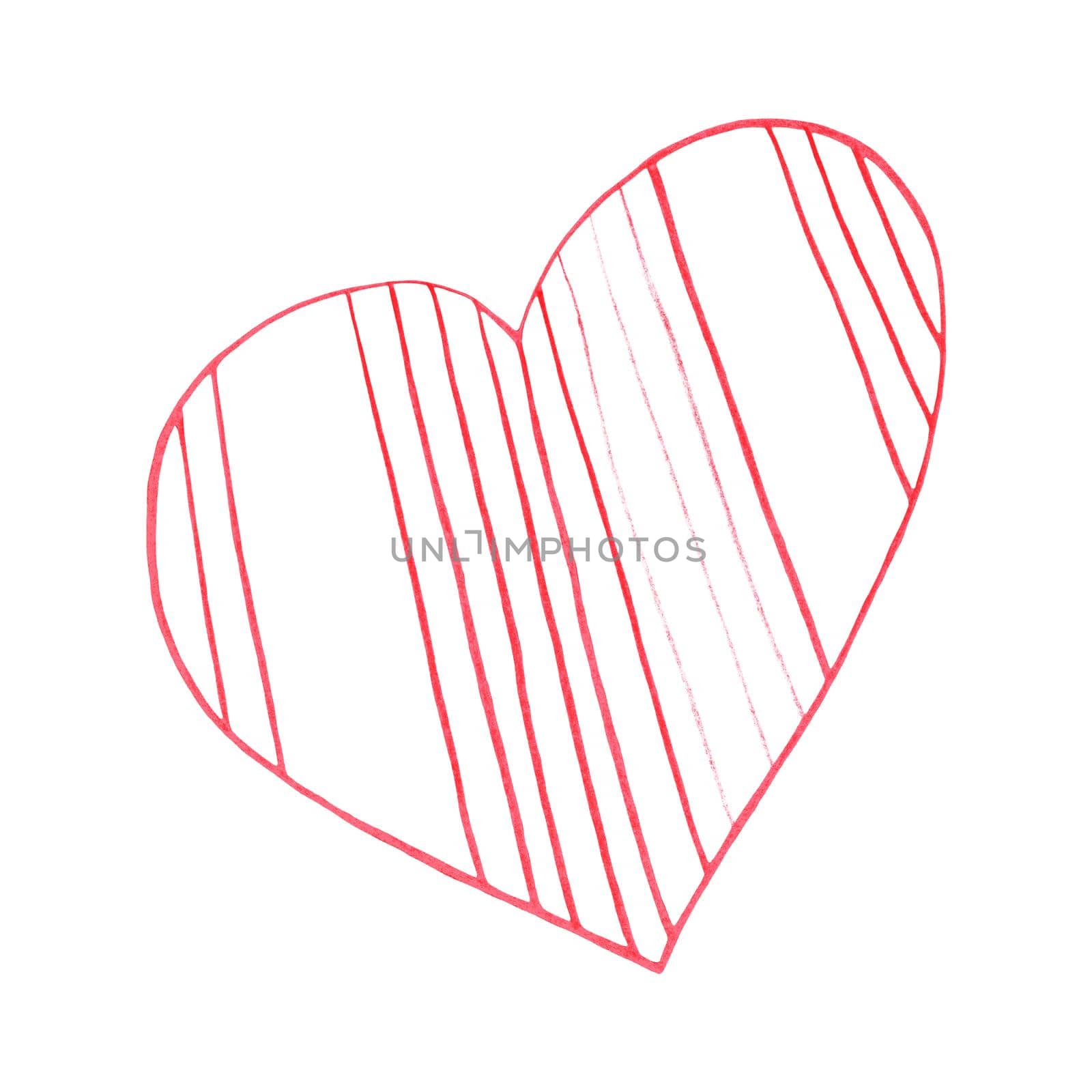 Red Heart Drawn by Colored Pencil. The Sign of World Heart Day. Symbol of Valentines Day. Heart Shape Isolated on White Background.