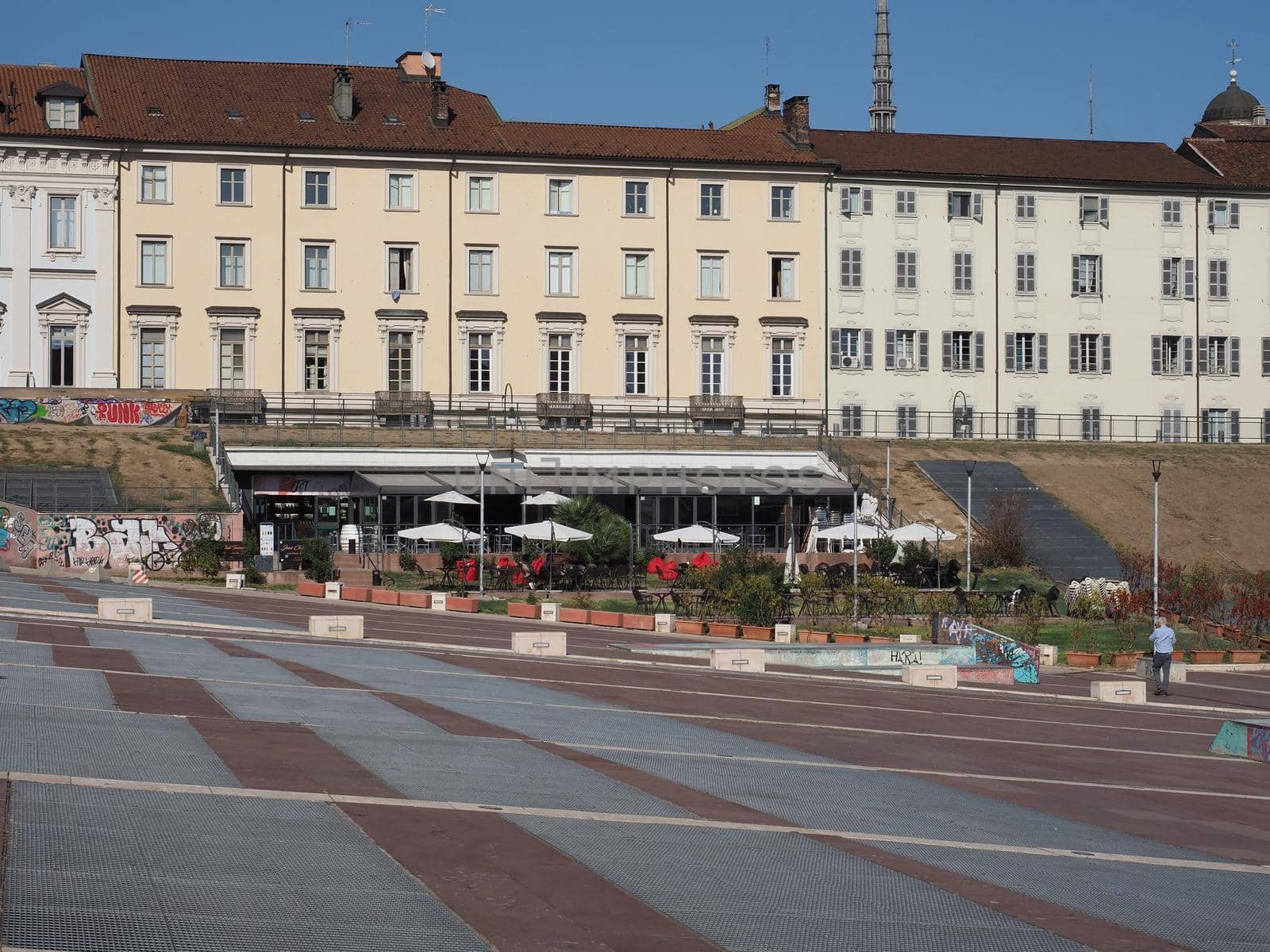 Piazzale Valdo Fusi square with a jazz club, beer garden in Turin, Italy