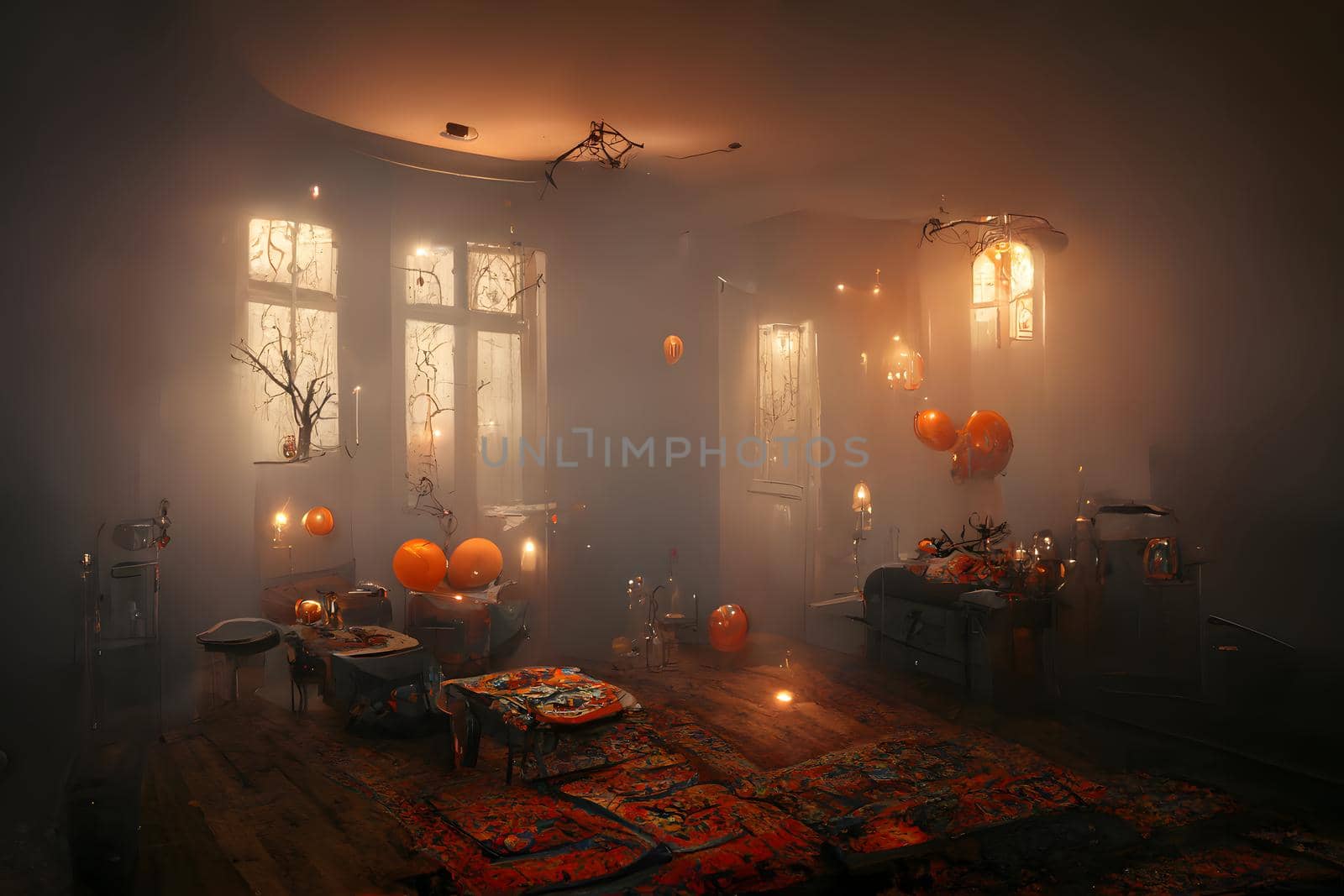halloween decorated home interior with costumed figures and smoke or fog, neural network generated art. Digitally generated image. Not based on any actual scene or pattern.