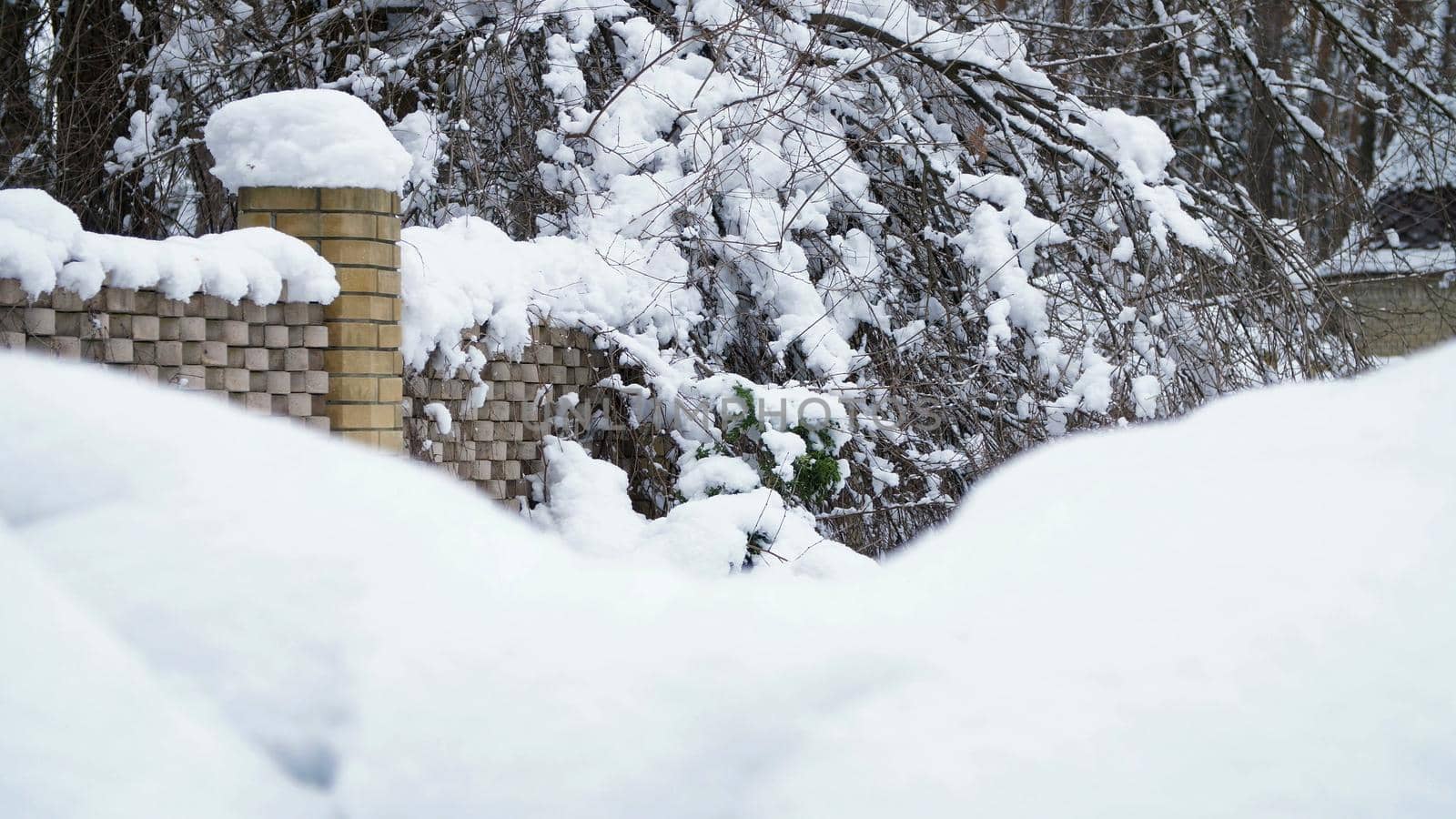 a beautiful winter landscape, a view of a sna beautiful winter landscape, a view of a snow-covered country house. The fence and the trees are all in the snow.ow-covered country house. The fence and the trees are all in the snow. High quality photo