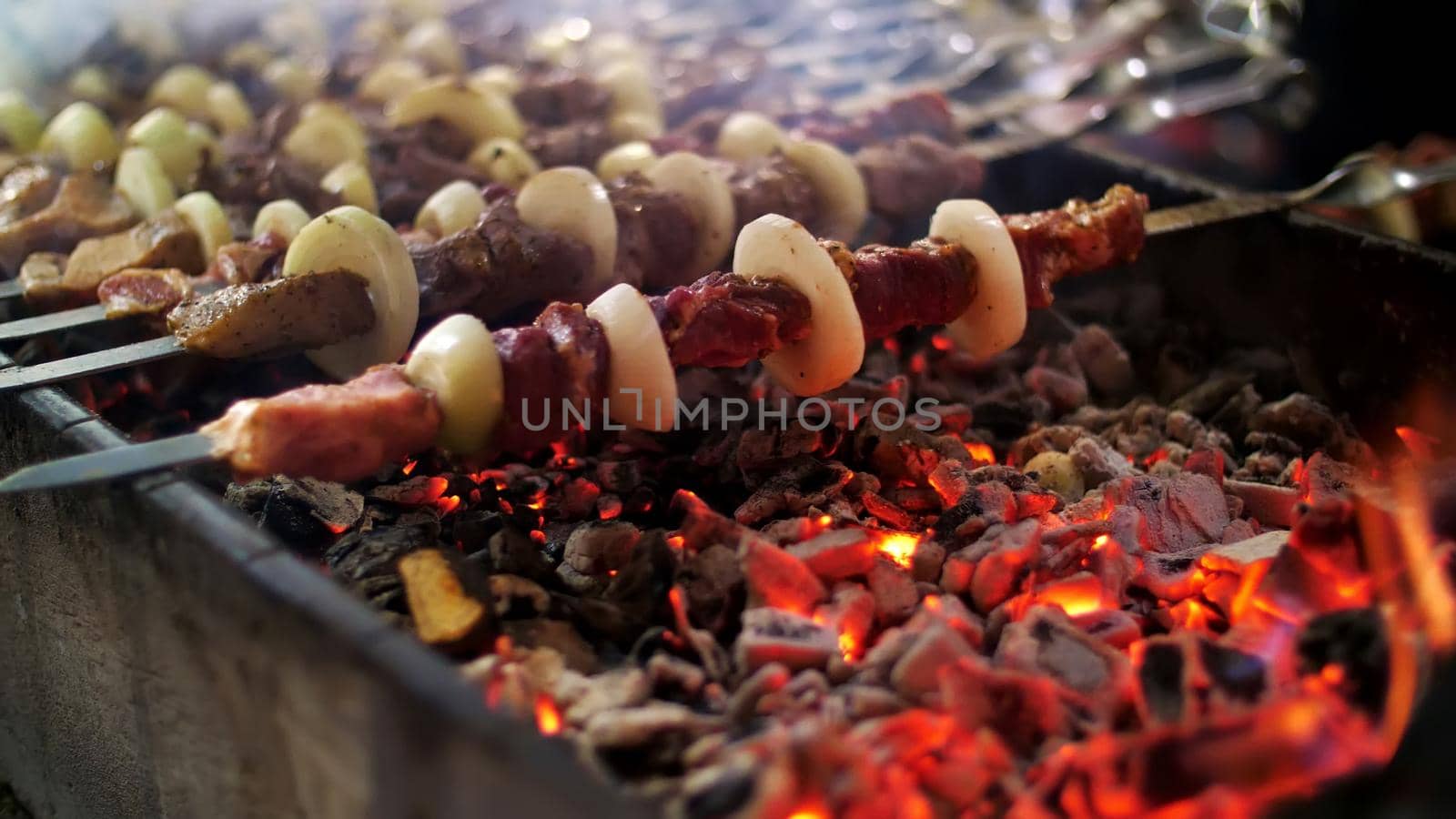 a shish kebab from pork, on skewers, fry on red hot coals. High quality photo