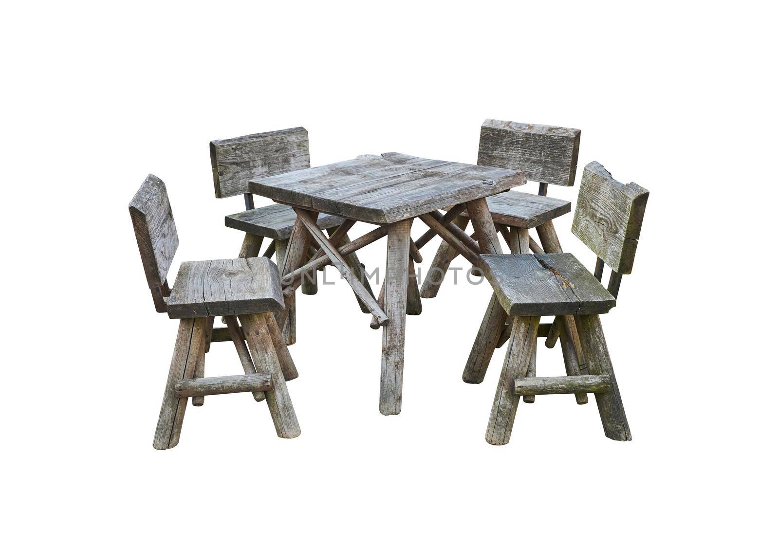 Old wooden outdoor table and chairs on a white background.