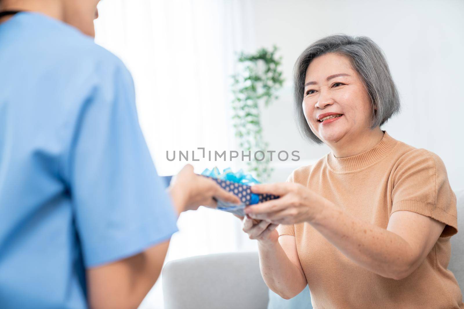 A young caregiver hand over to her senior patient a gift at a contented living room. by biancoblue