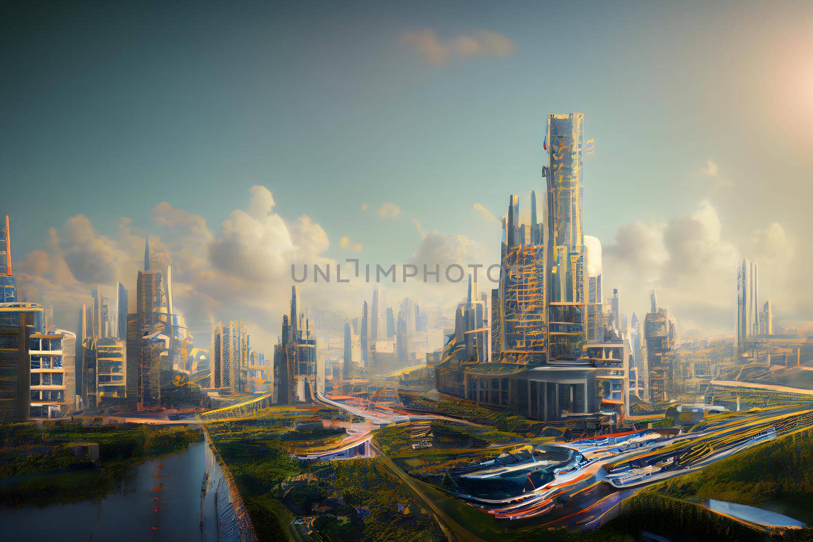 abstract futuristic utopian cityscape, neural network generated art. Digitally generated image. Not based on any actual scene or pattern.