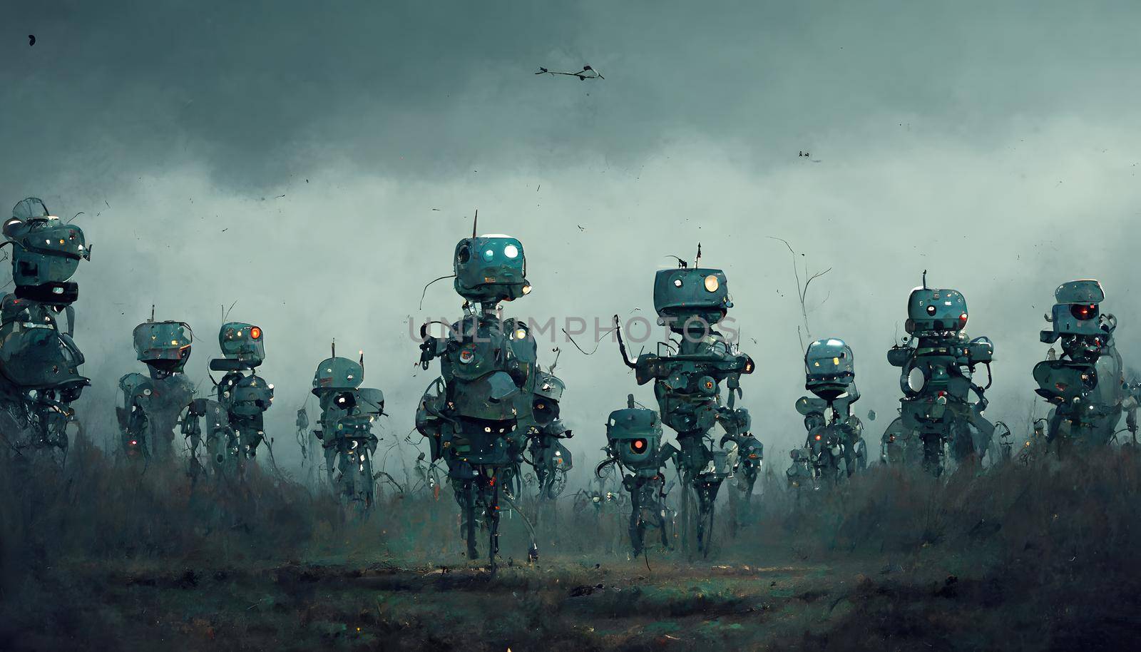 army of robots, neural network generated art. Digitally generated image. Not based on any actual scene or pattern.